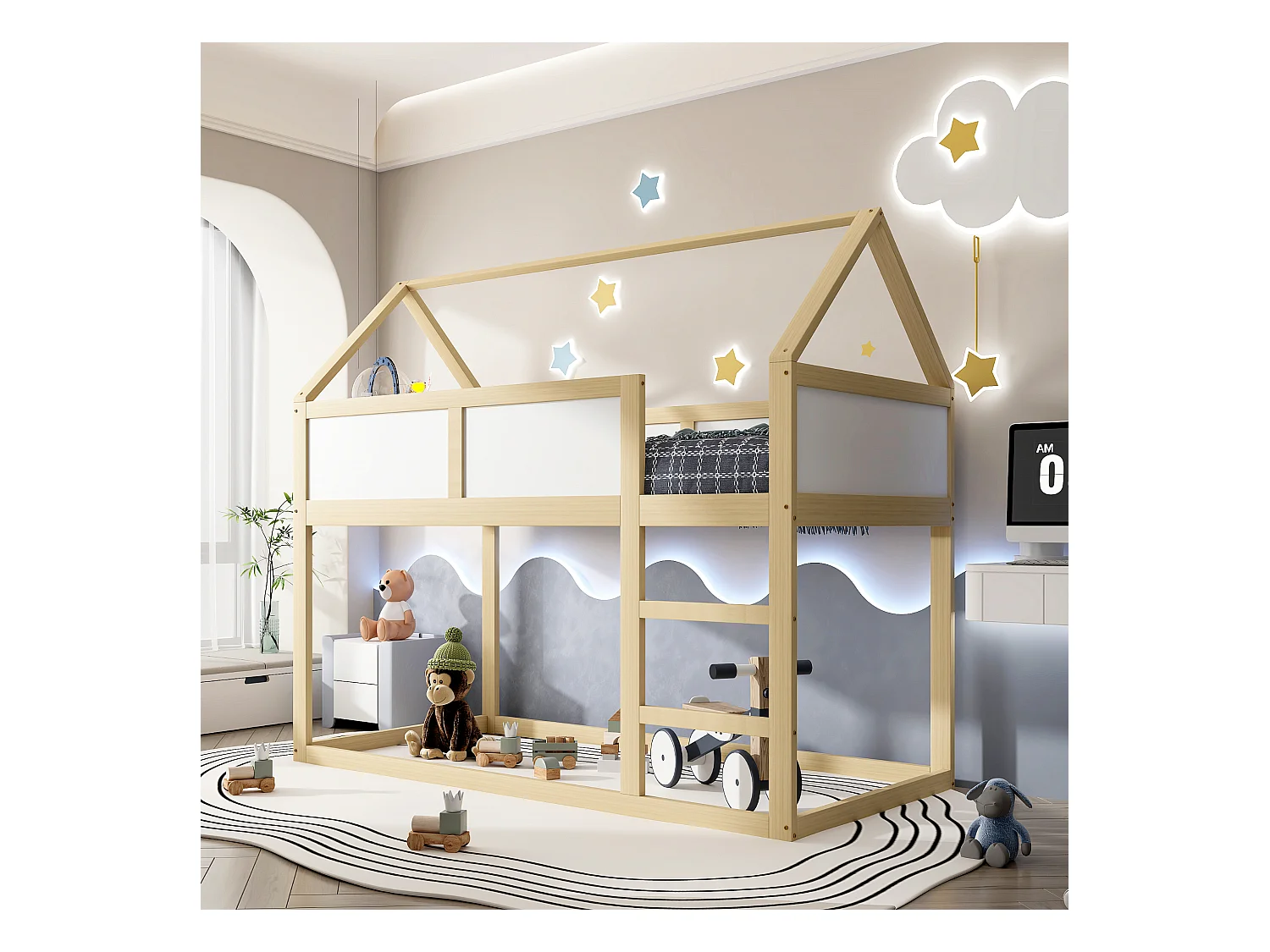Lit superposé enfant 2 x 90 x 200 cm, lit mezzanine avec escalier, cadre en bois massif, naturel
