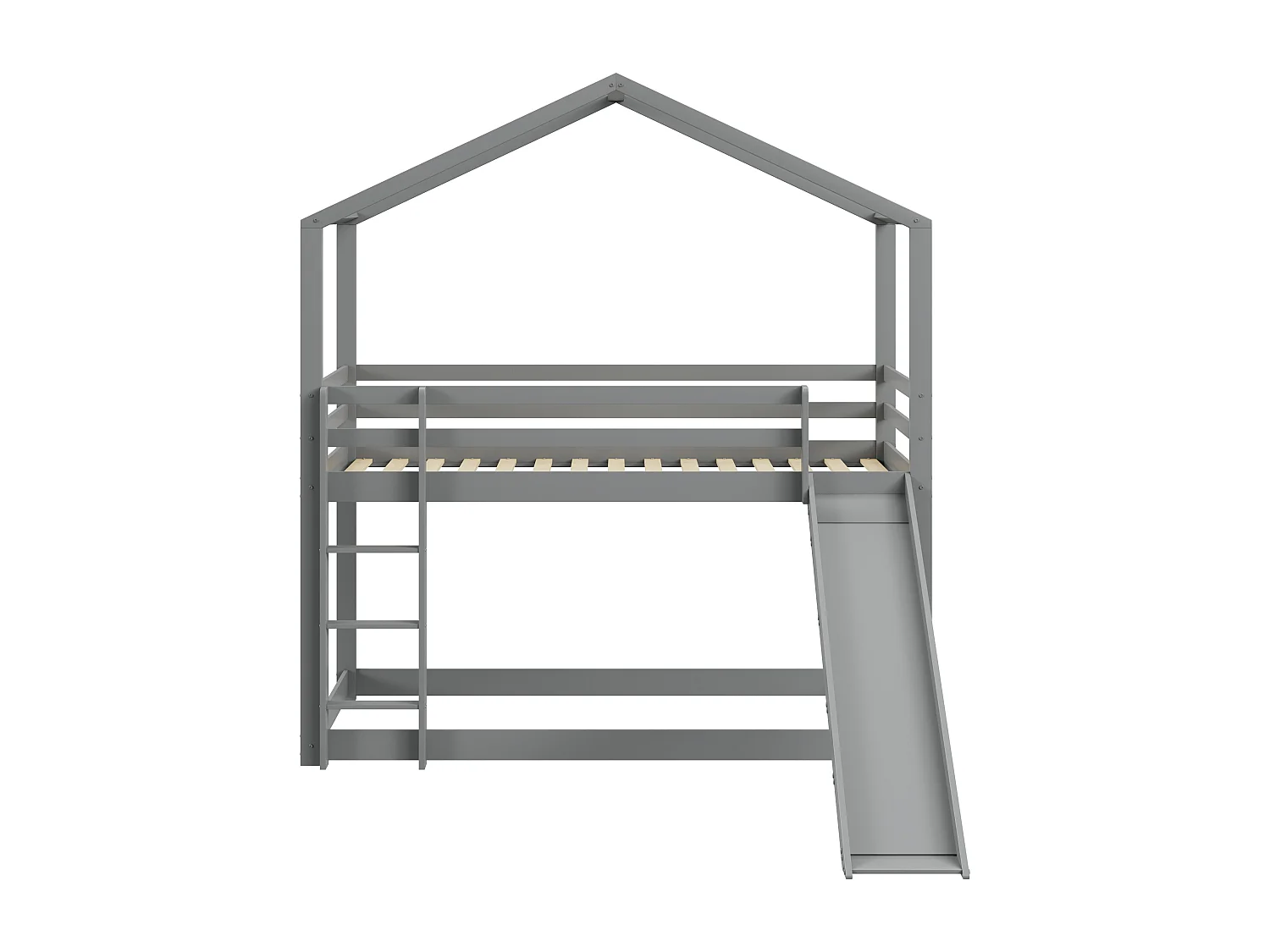 Lit superposé 2 x 90 x 200 cm avec toboggan - bois massif - sommier à lattes - gris