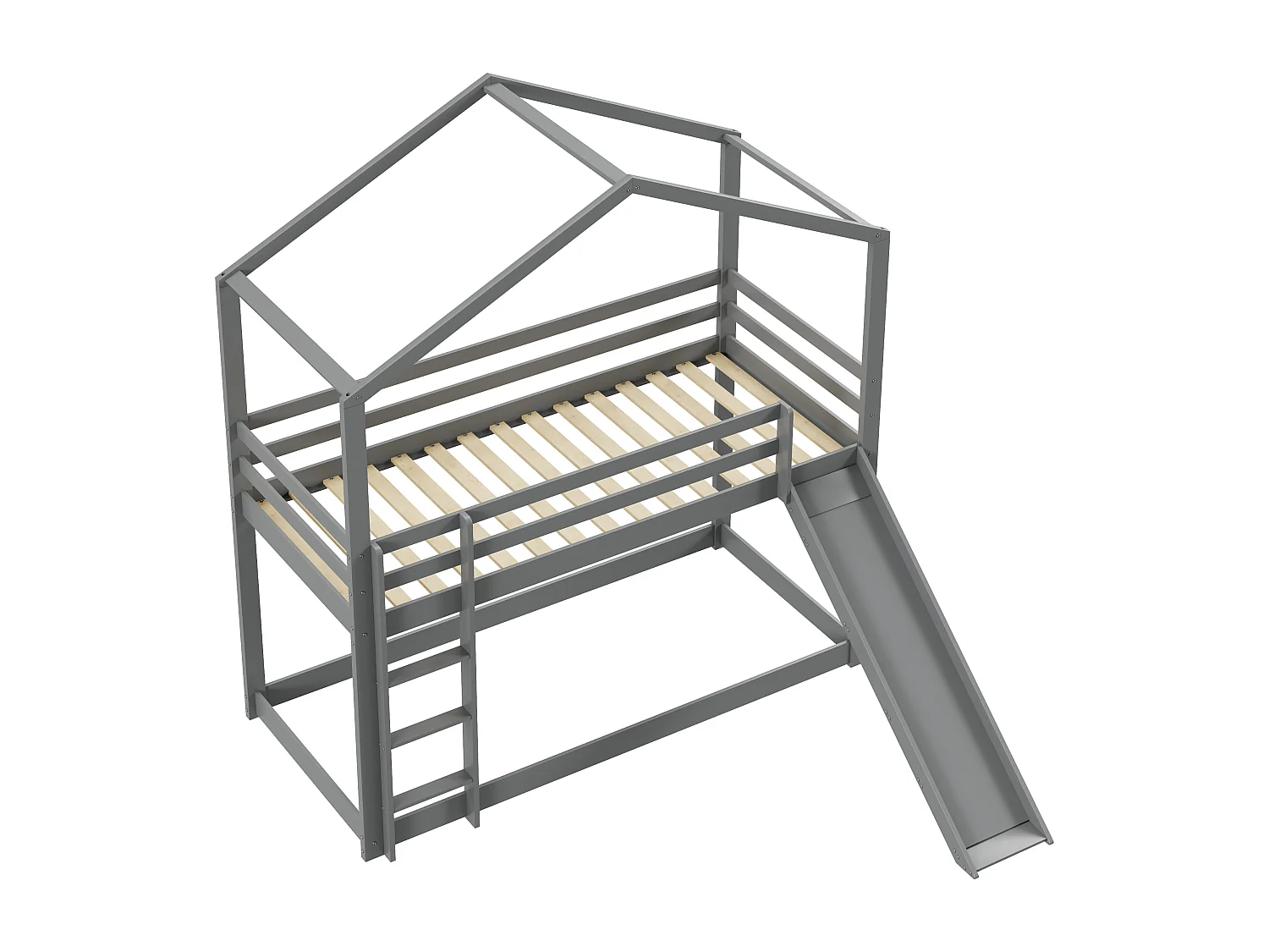 Lit superposé 2 x 90 x 200 cm avec toboggan - bois massif - sommier à lattes - gris