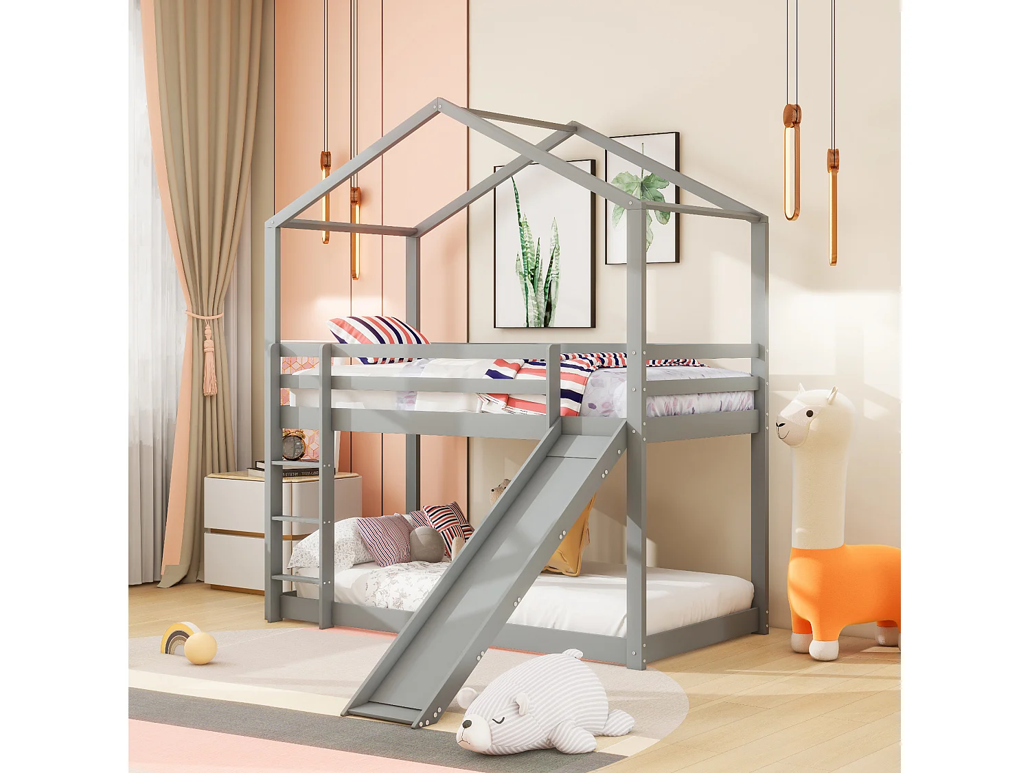 Lit superposé 2 x 90 x 200 cm avec toboggan - bois massif - sommier à lattes - gris