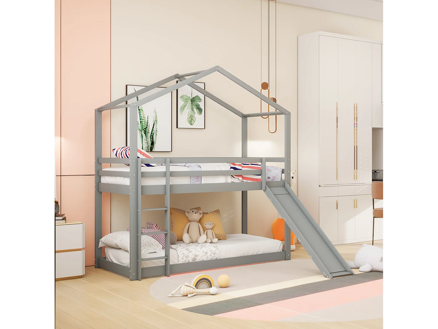 Lit superposé 2 x 90 x 200 cm avec toboggan - bois massif - sommier à lattes - gris