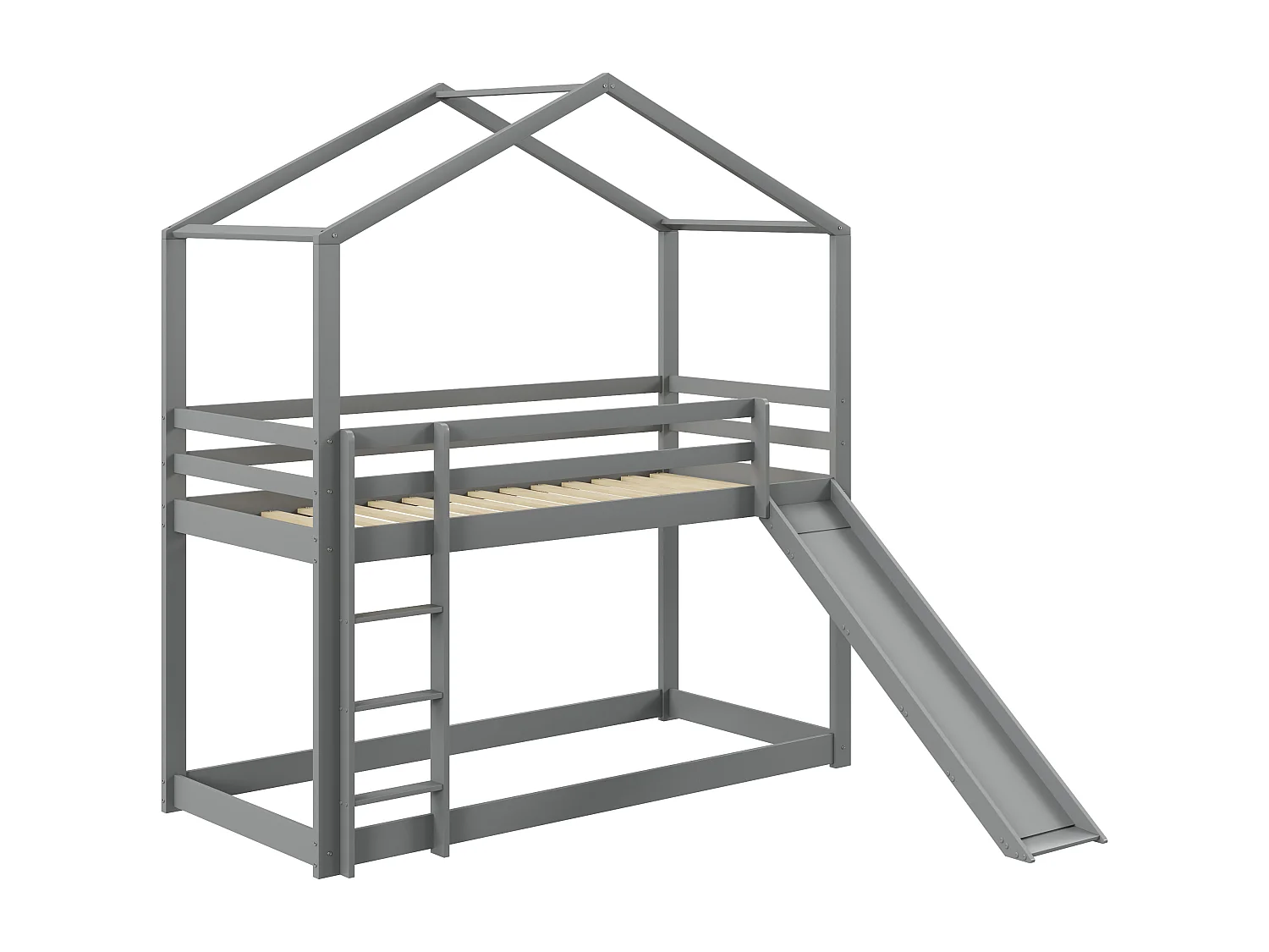 Lit superposé 2 x 90 x 200 cm avec toboggan - bois massif - sommier à lattes - gris