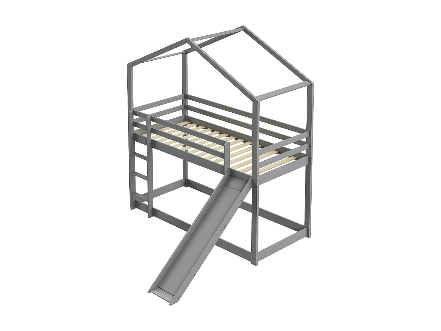 Lit superposé 2 x 90 x 200 cm avec toboggan - bois massif - sommier à lattes - gris