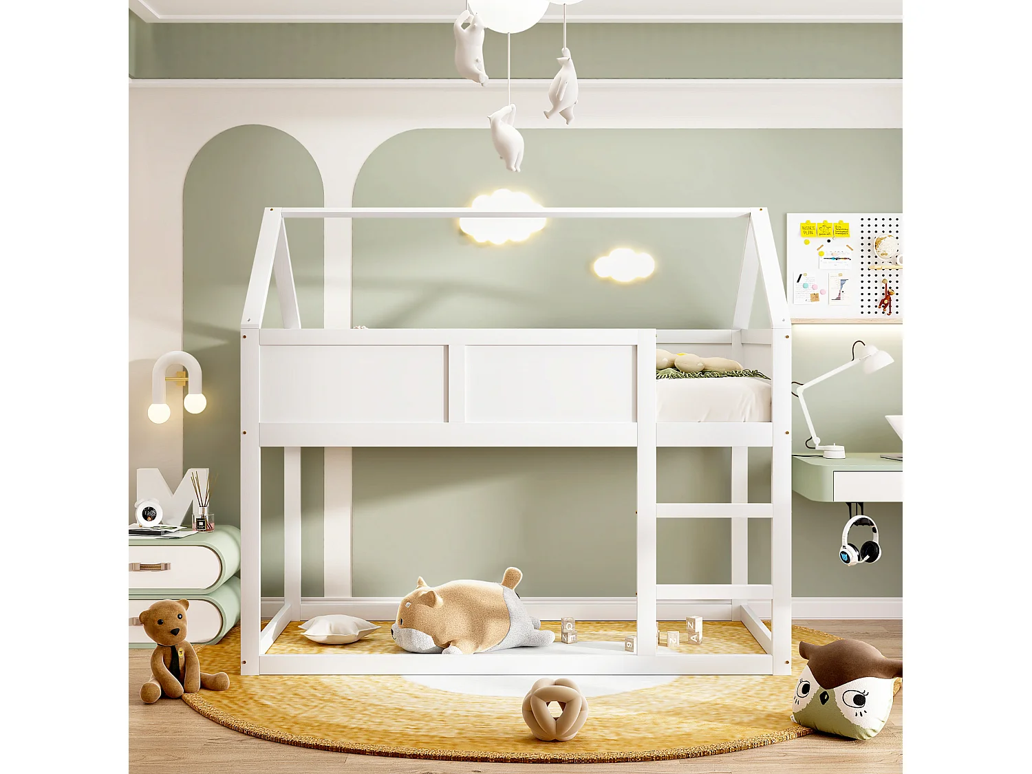 Kinderstapelbed 2 x 90 x 200 cm, hoogslaper met trap, massief houten frame, wit