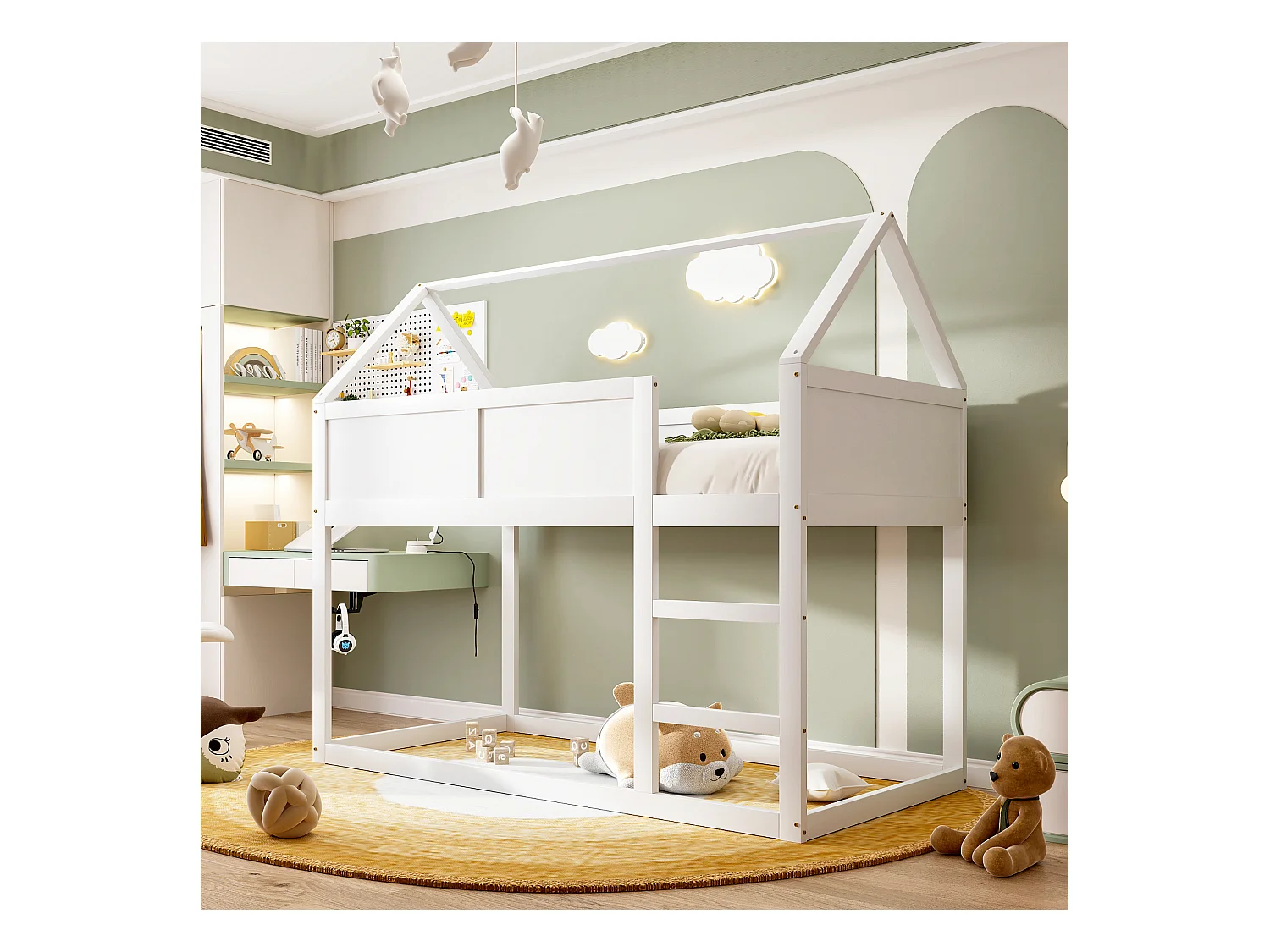 Lit superposé enfant 2 x 90 x 200 cm, lit mezzanine avec escalier, cadre en bois massif, blanc