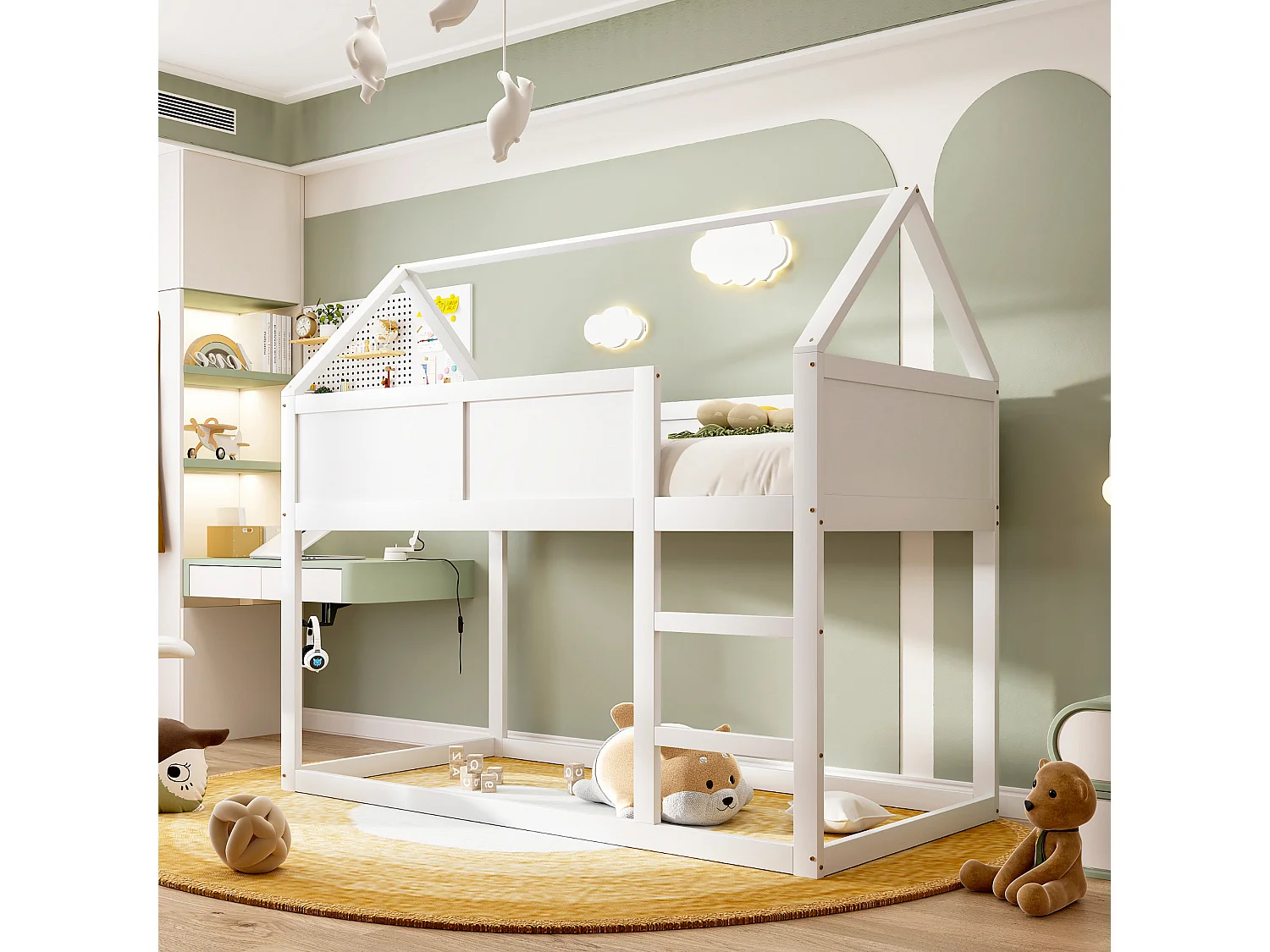 Letto a castello per bambini 2 x 90 x 200 cm, letto a soppalco con scale, struttura in legno massiccio, bianco