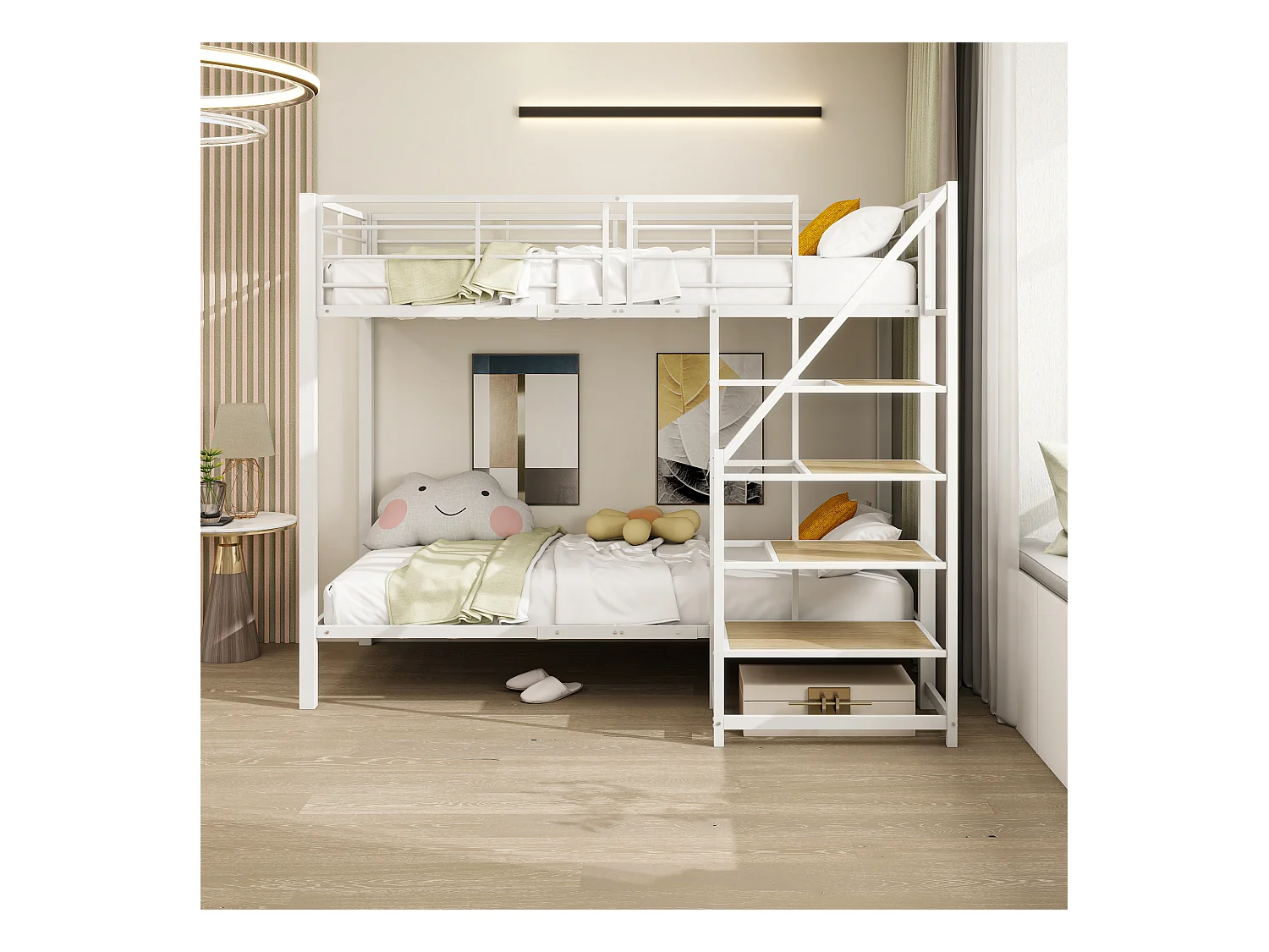 Lit superposé 2 x 90 x 200 cm avec escalier de rangement - métal et bois - pour enfant - blanc