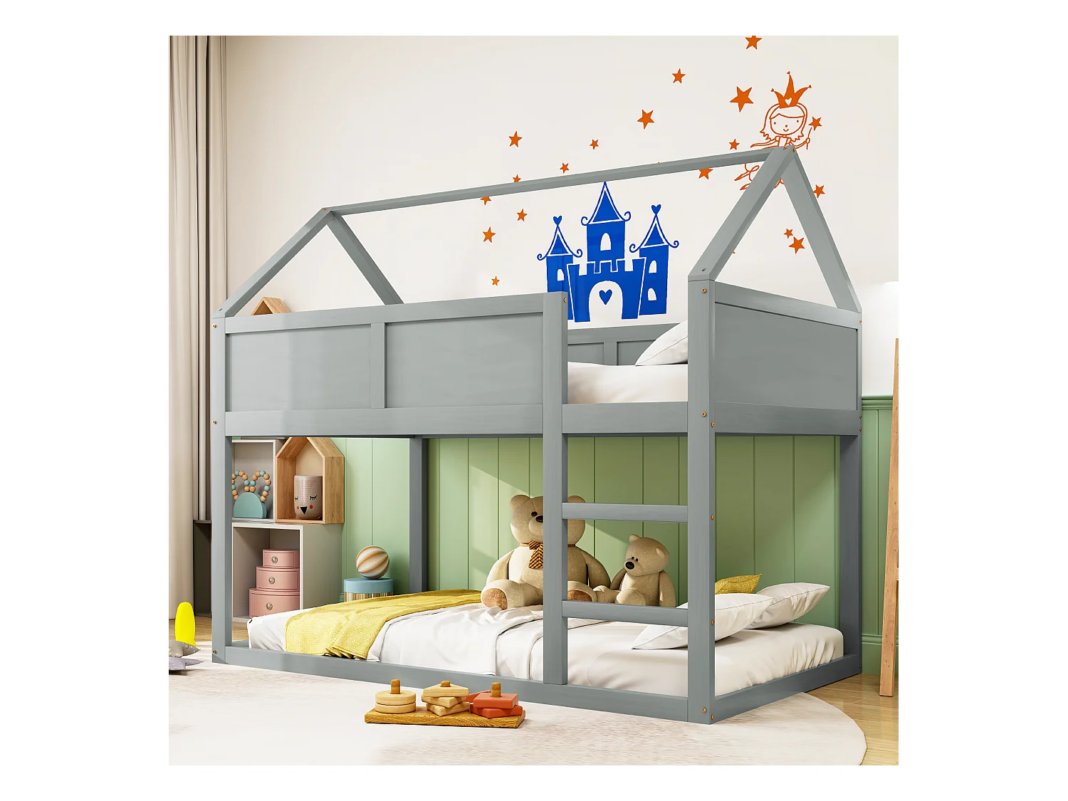 Kinder-Etagenbett 2 x 90 x 200 cm, Hochbett mit Treppe, Massivholzrahmen, grau