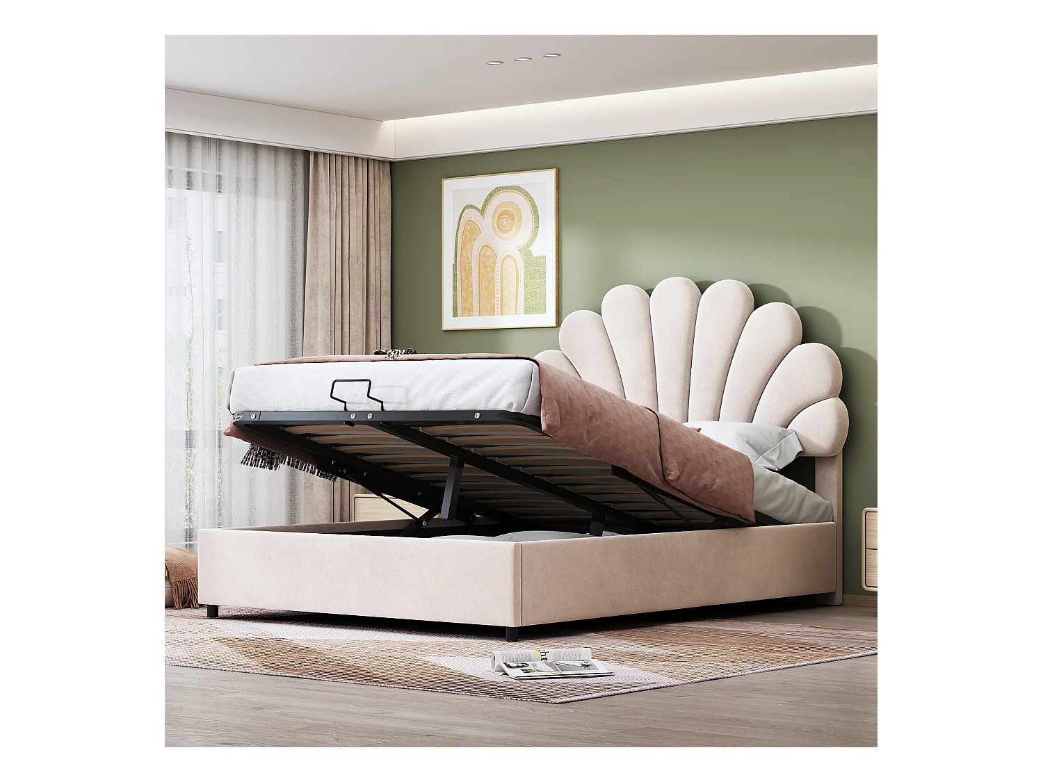 Opbergbed 140 x 200 cm met verstelbaar hoofdeinde - bekleed met fluweel - lattenbodem - beige