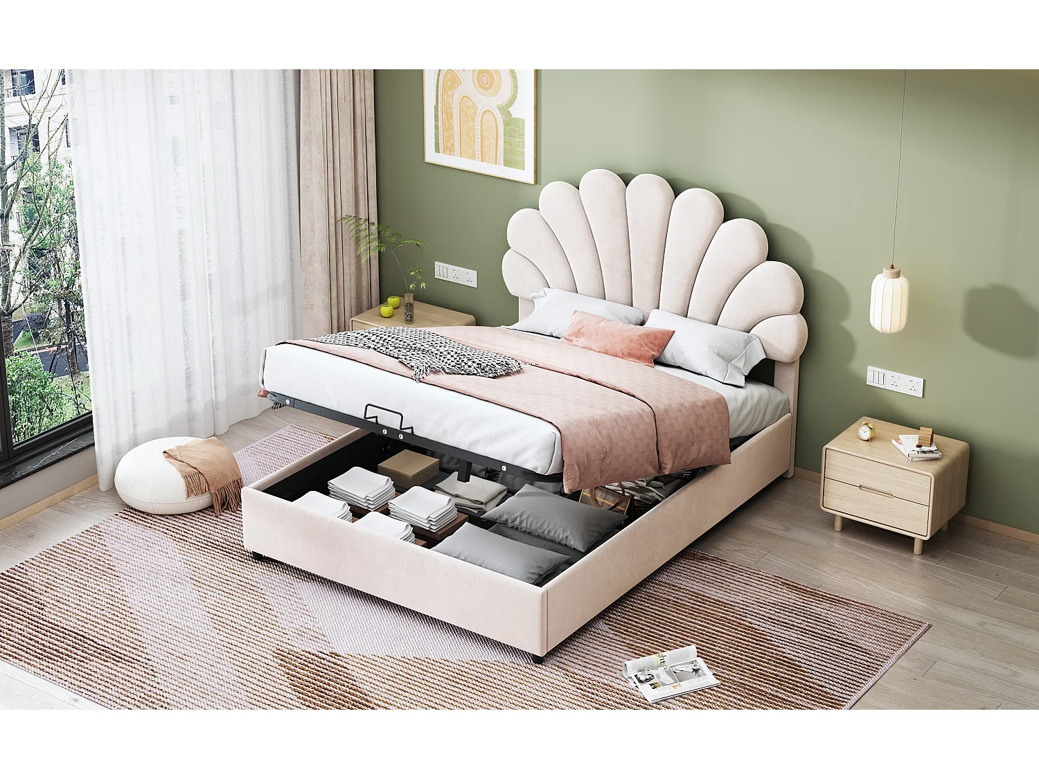 Opbergbed 140 x 200 cm met verstelbaar hoofdeinde - bekleed met fluweel - lattenbodem - beige
