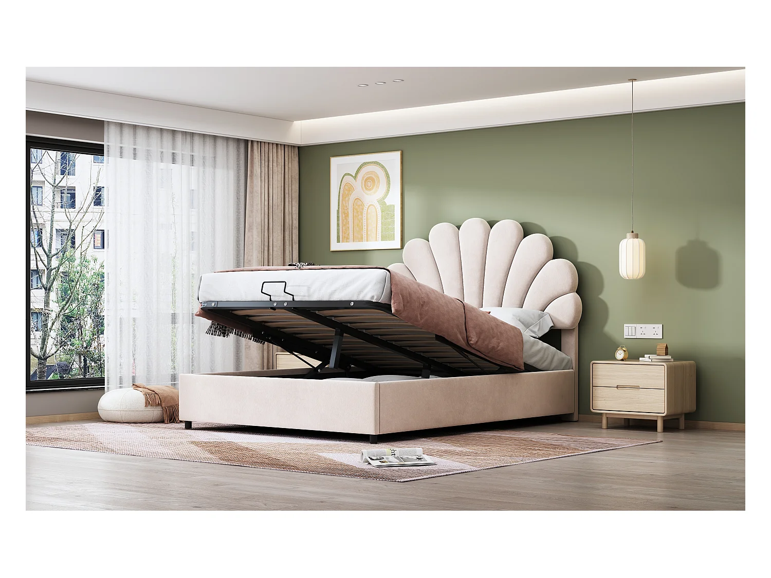 Opbergbed 140 x 200 cm met verstelbaar hoofdeinde - bekleed met fluweel - lattenbodem - beige