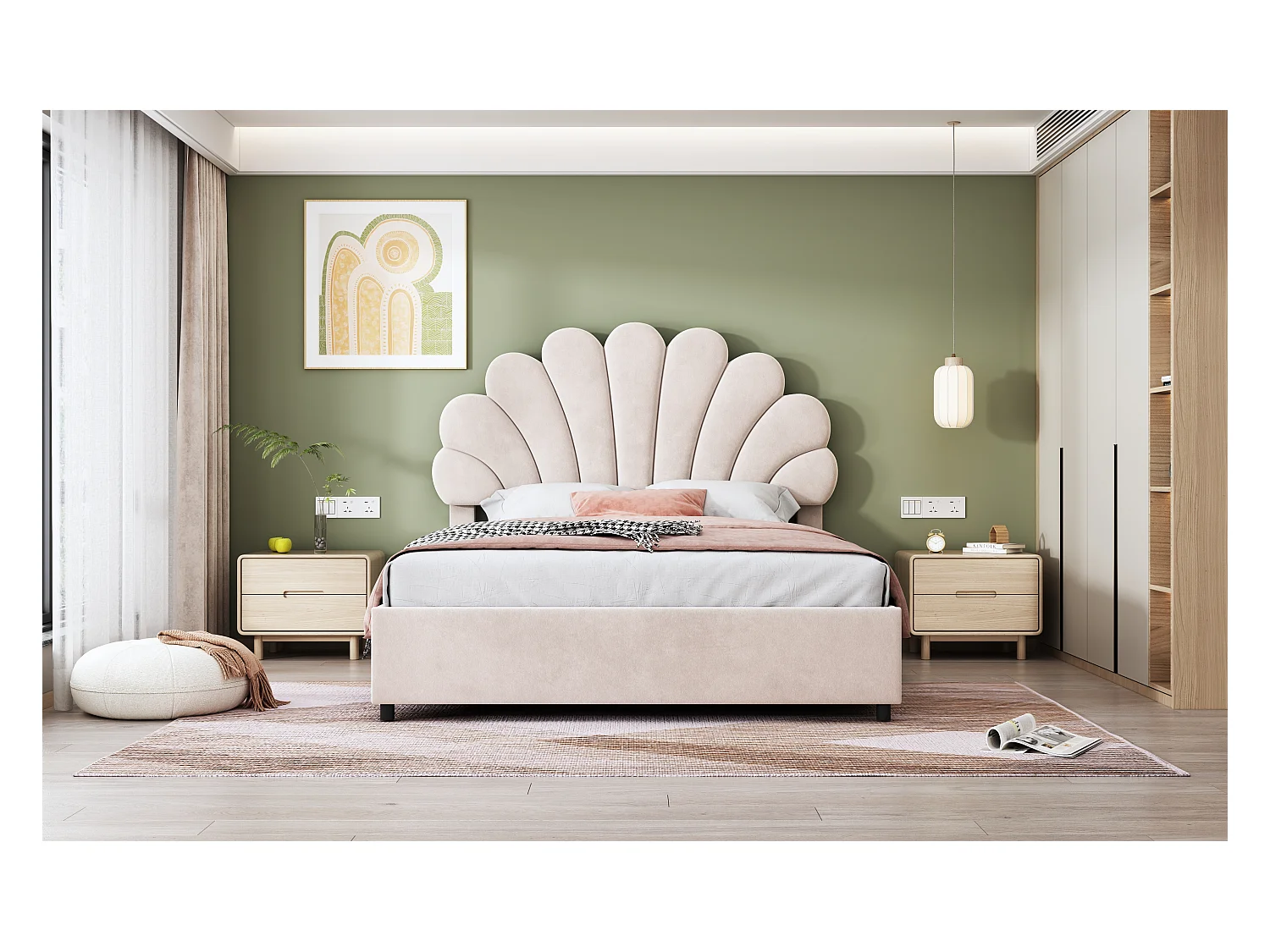 Opbergbed 140 x 200 cm met verstelbaar hoofdeinde - bekleed met fluweel - lattenbodem - beige