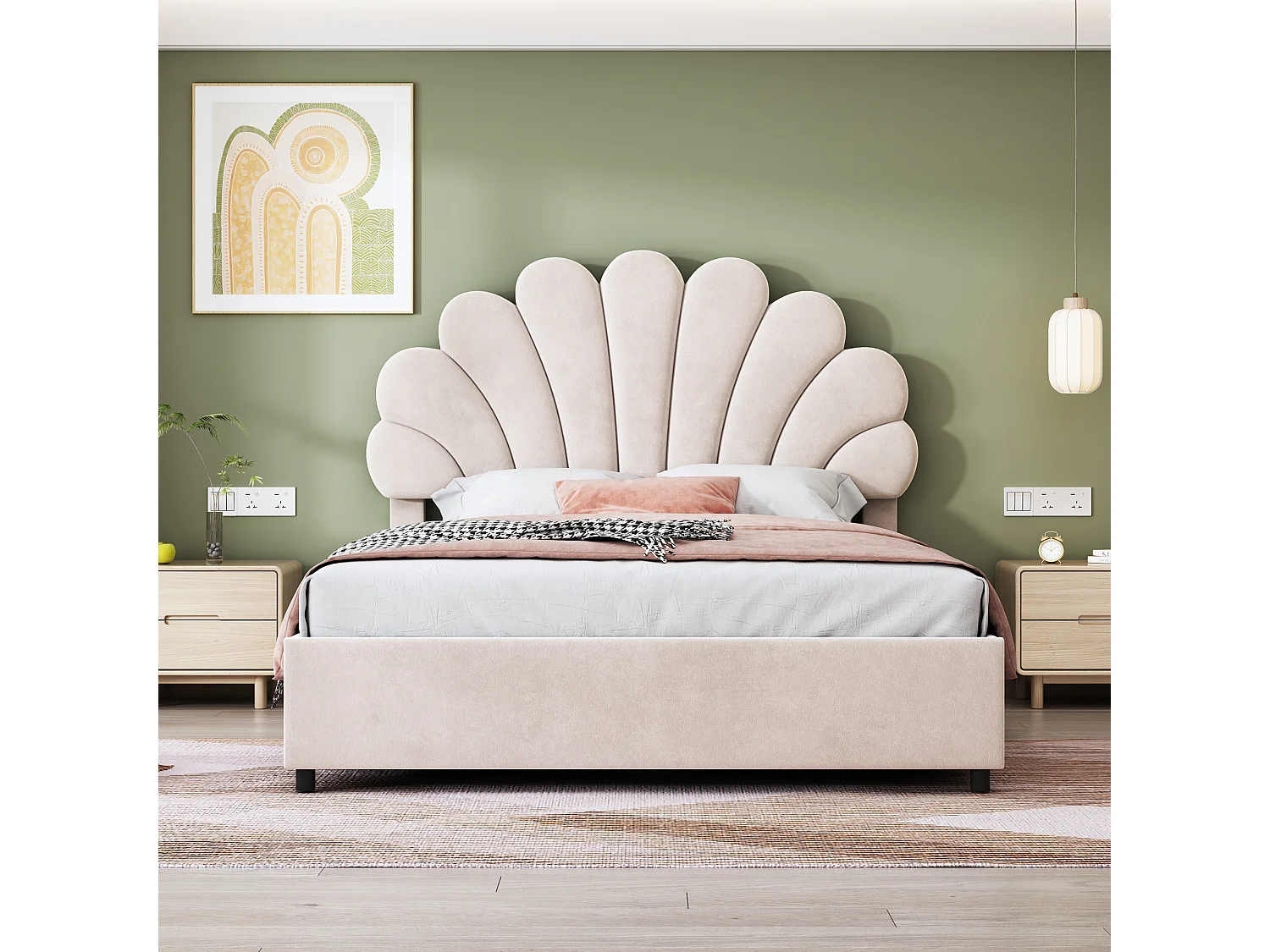 Bettkasten 140 x 200 cm mit verstellbarem Kopfteil – mit Samt gepolstert – Lattenrost – Beige