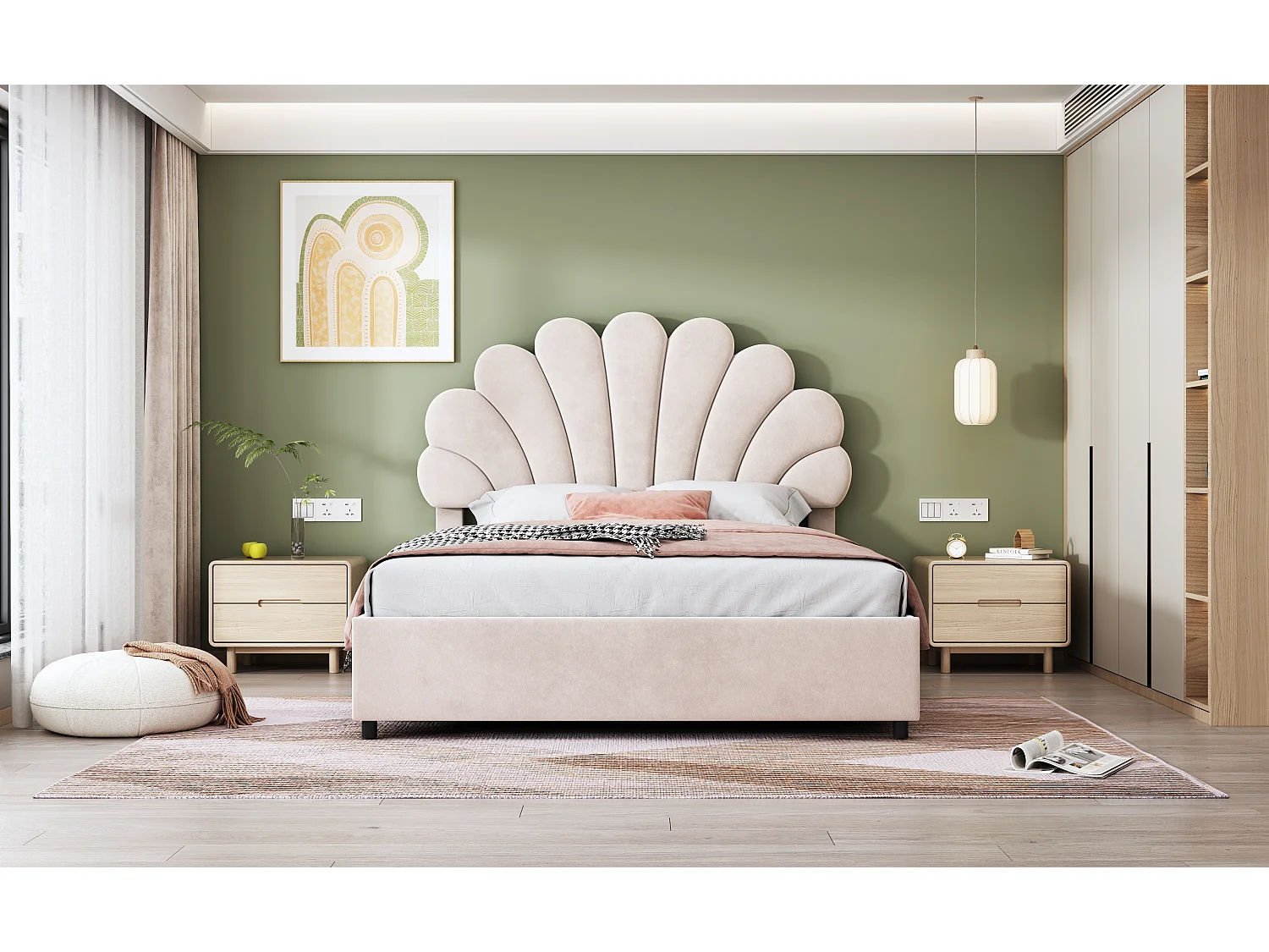 Bettkasten 140 x 200 cm mit verstellbarem Kopfteil – mit Samt gepolstert – Lattenrost – Beige