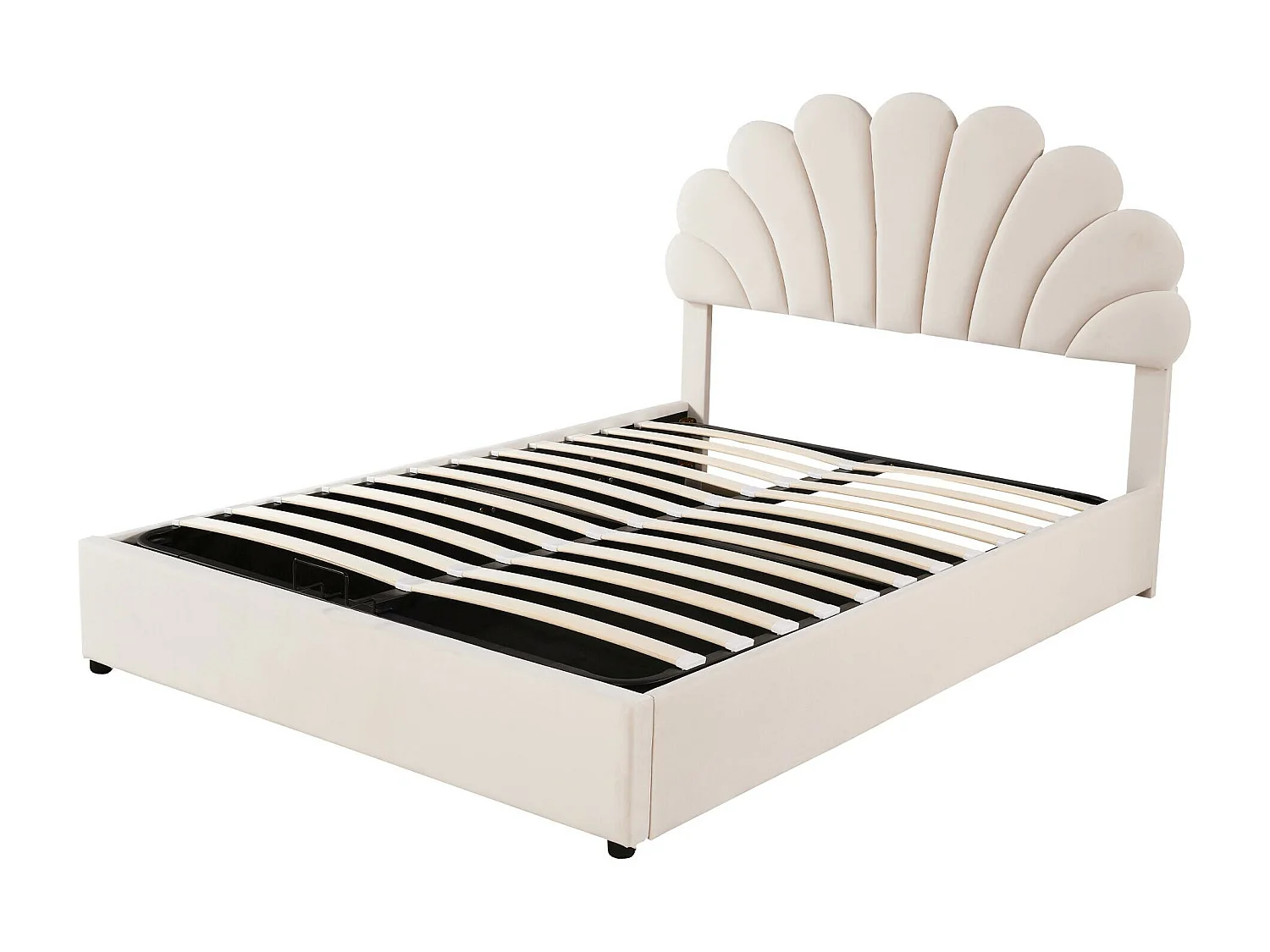 Bettkasten 140 x 200 cm mit verstellbarem Kopfteil – mit Samt gepolstert – Lattenrost – Beige