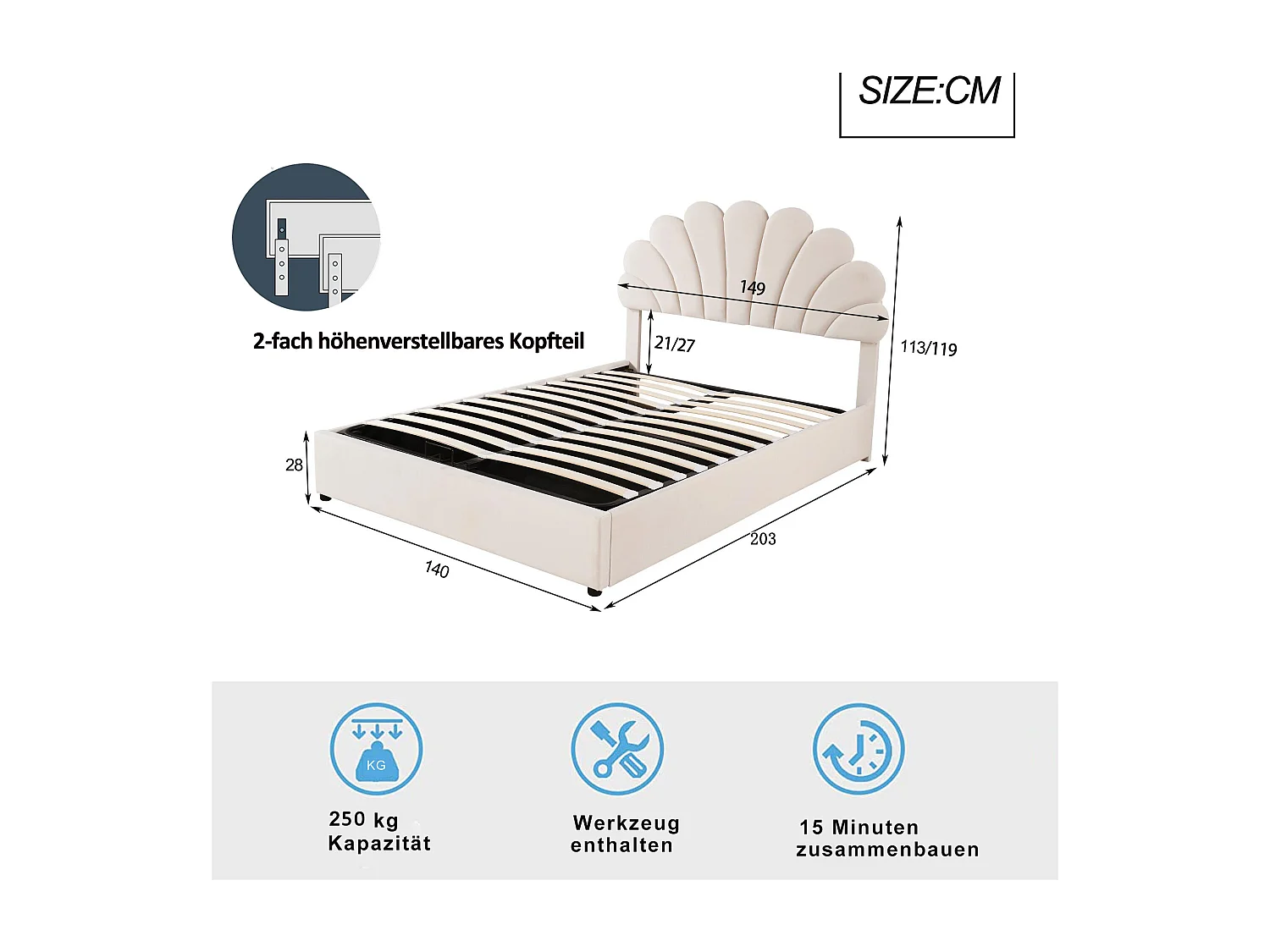 Bettkasten 140 x 200 cm mit verstellbarem Kopfteil – mit Samt gepolstert – Lattenrost – Beige