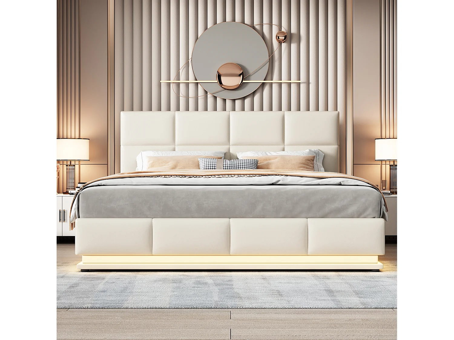 Cama contenedor 180 x 200 cm con iluminación LED - Cuero PU - Somier de láminas - Beige