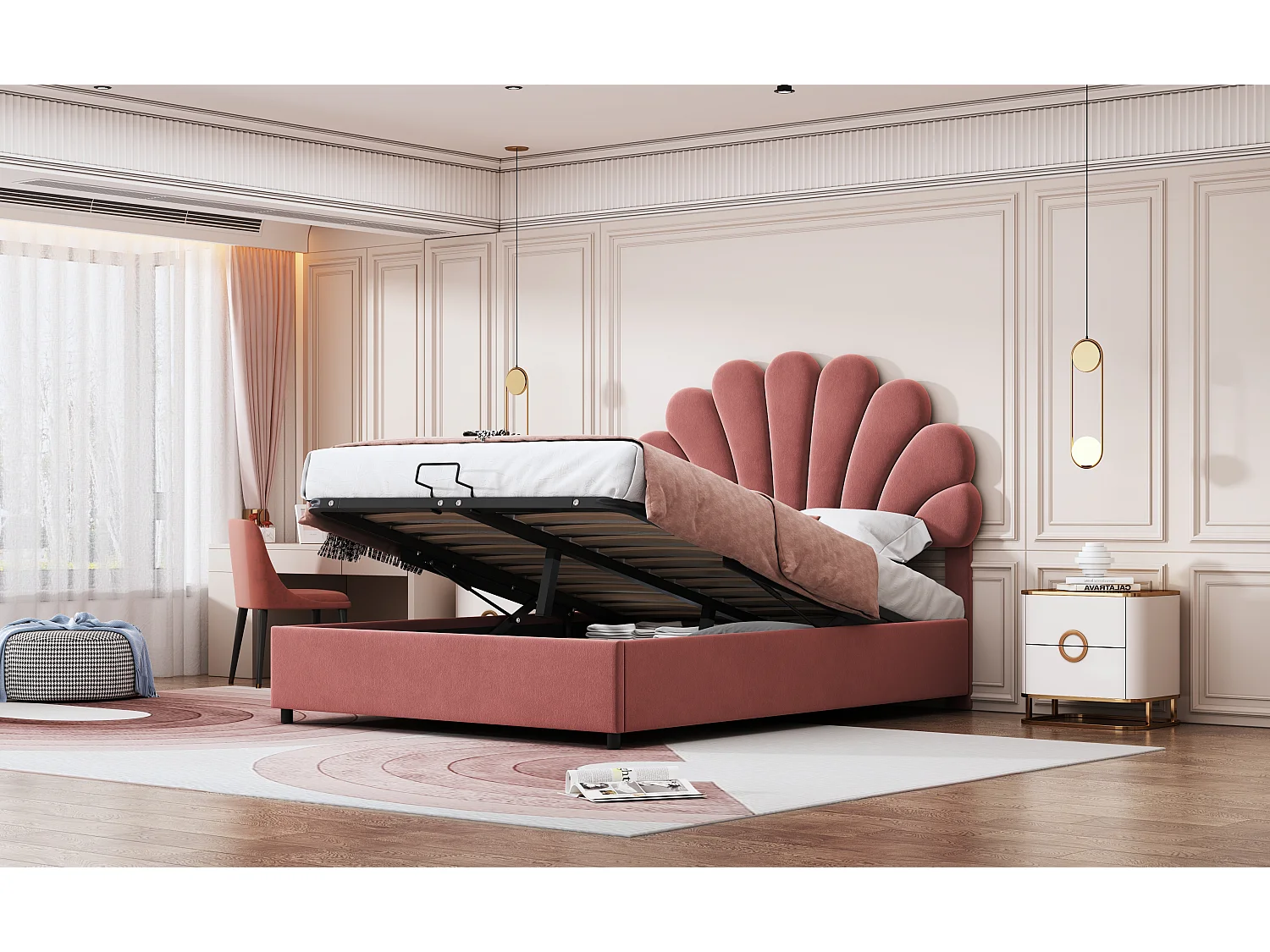 Opbergbed 140 x 200 cm met verstelbaar hoofdeinde - bekleed met fluweel - lattenbodem - roze