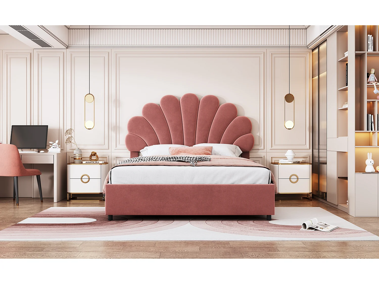 Opbergbed 140 x 200 cm met verstelbaar hoofdeinde - bekleed met fluweel - lattenbodem - roze