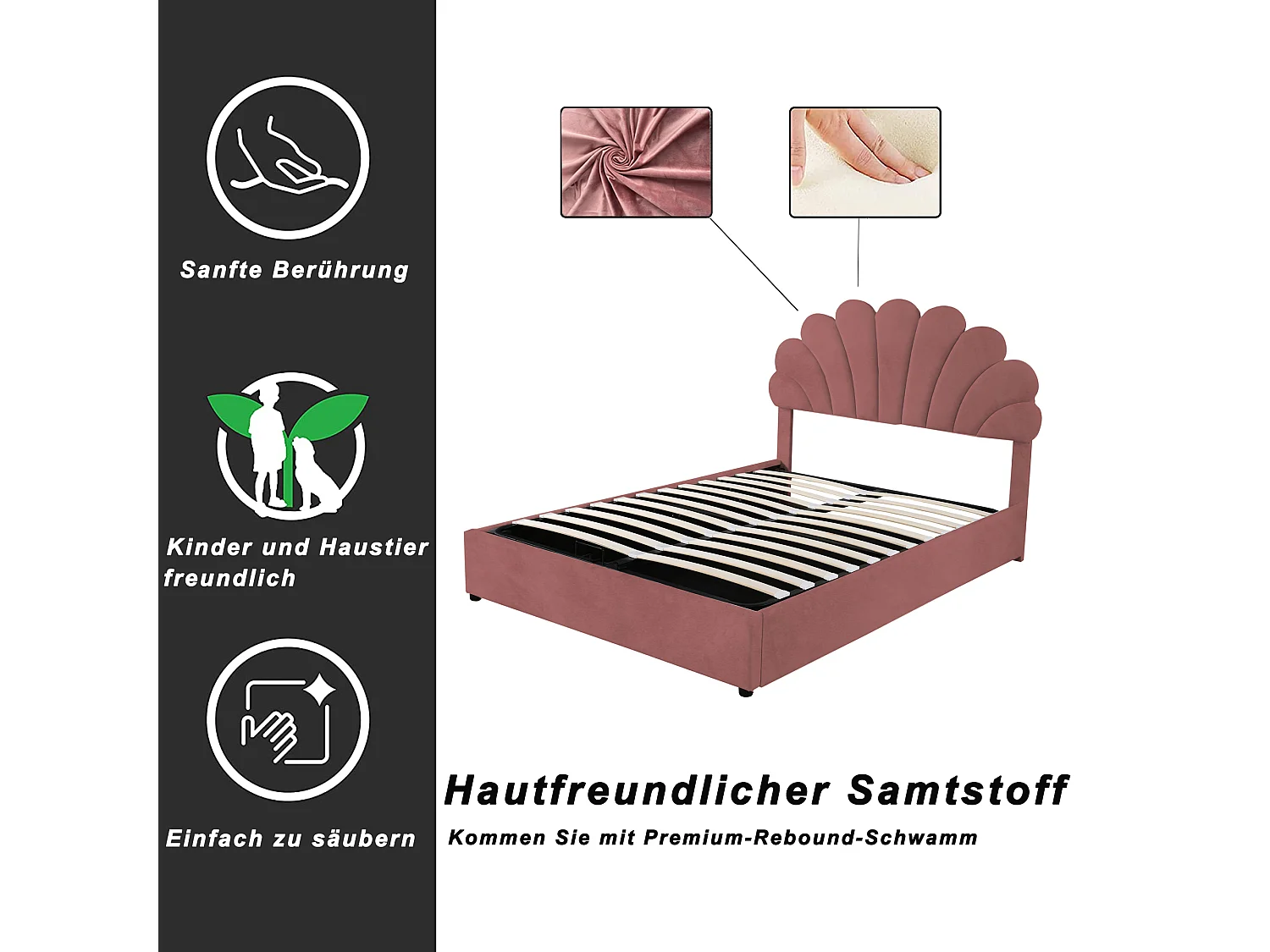 Opbergbed 140 x 200 cm met verstelbaar hoofdeinde - bekleed met fluweel - lattenbodem - roze