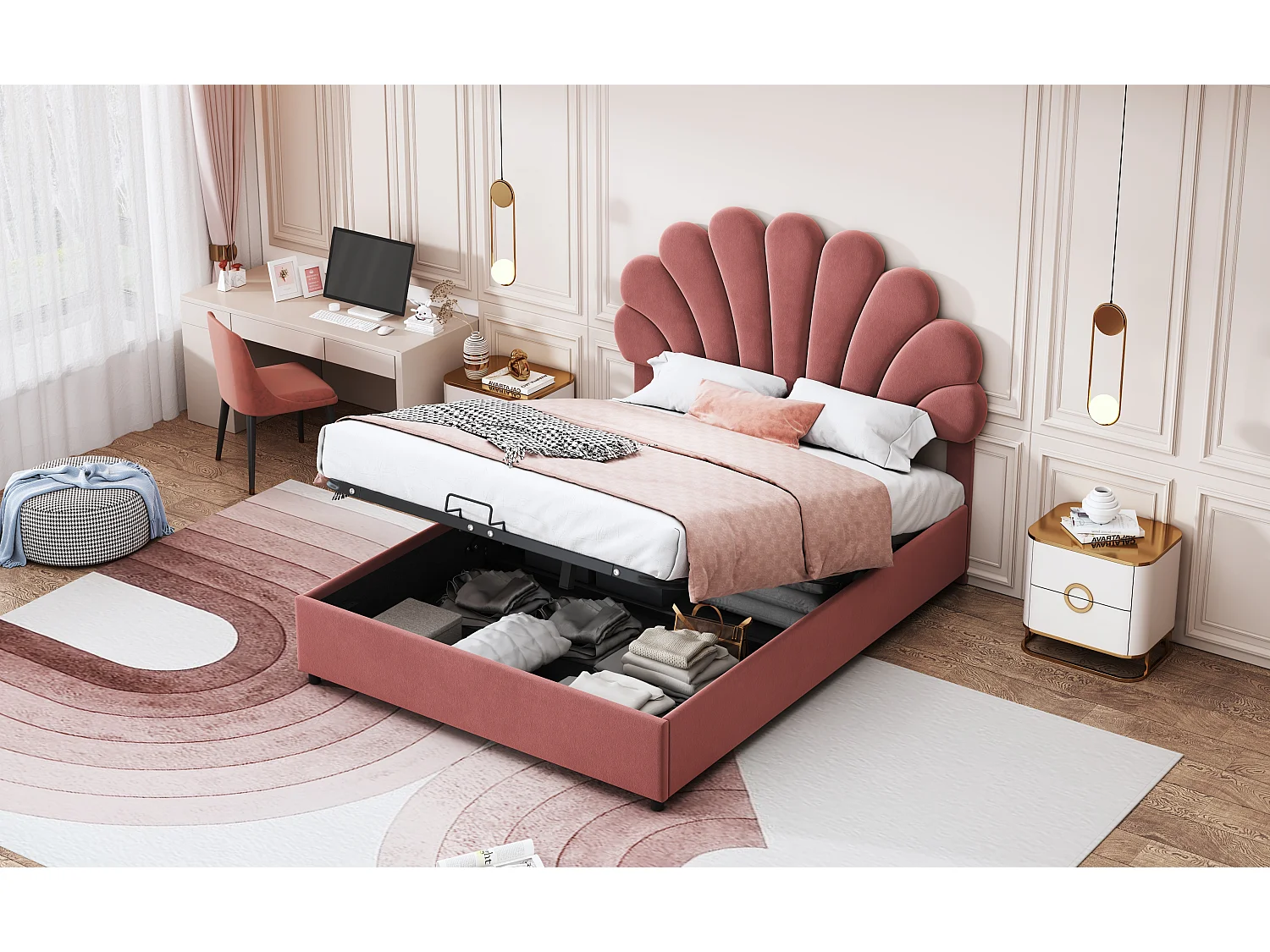 Opbergbed 140 x 200 cm met verstelbaar hoofdeinde - bekleed met fluweel - lattenbodem - roze