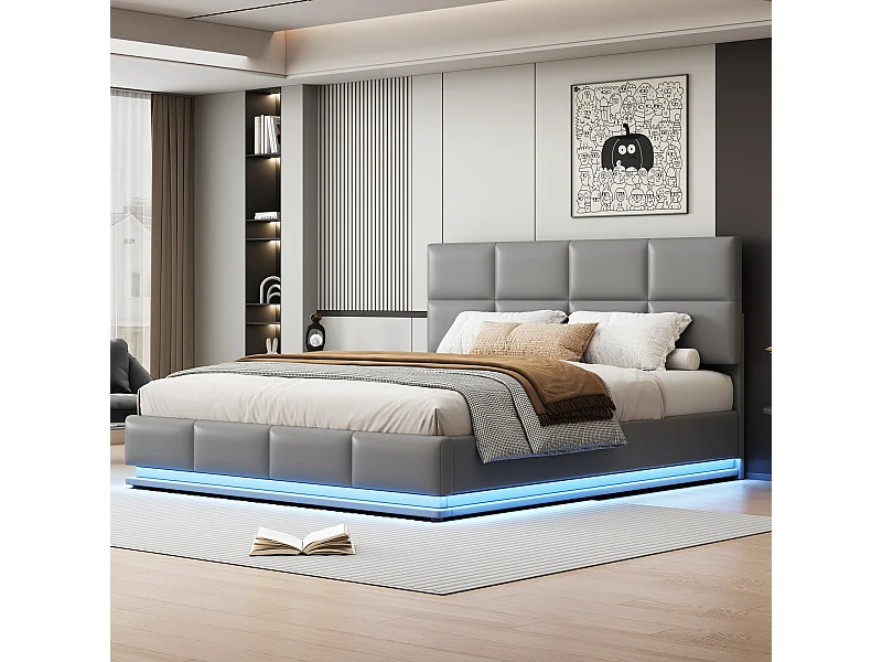 Cama contenedor 180 x 200 cm con iluminación LED - Cuero PU - Somier de láminas - Gris claro
