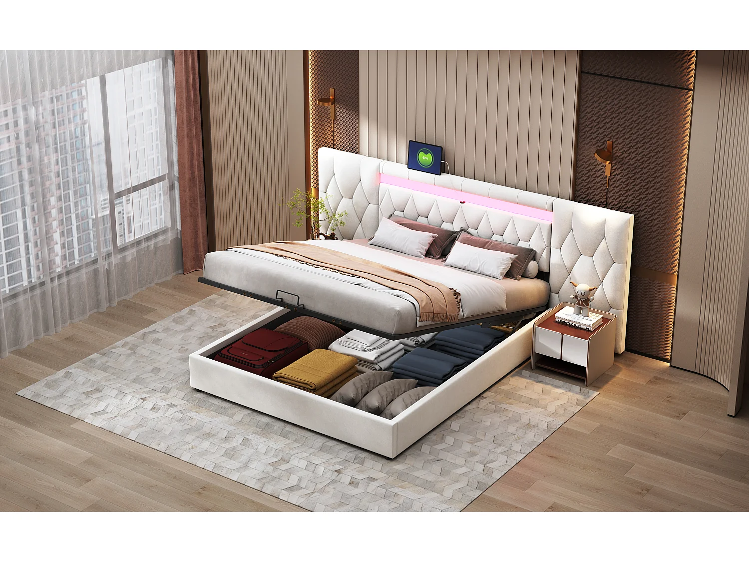 Lit coffre 180 x 200 cm avec grand tête de lit - rembourré en velours - LEDs et prise USB - Beige