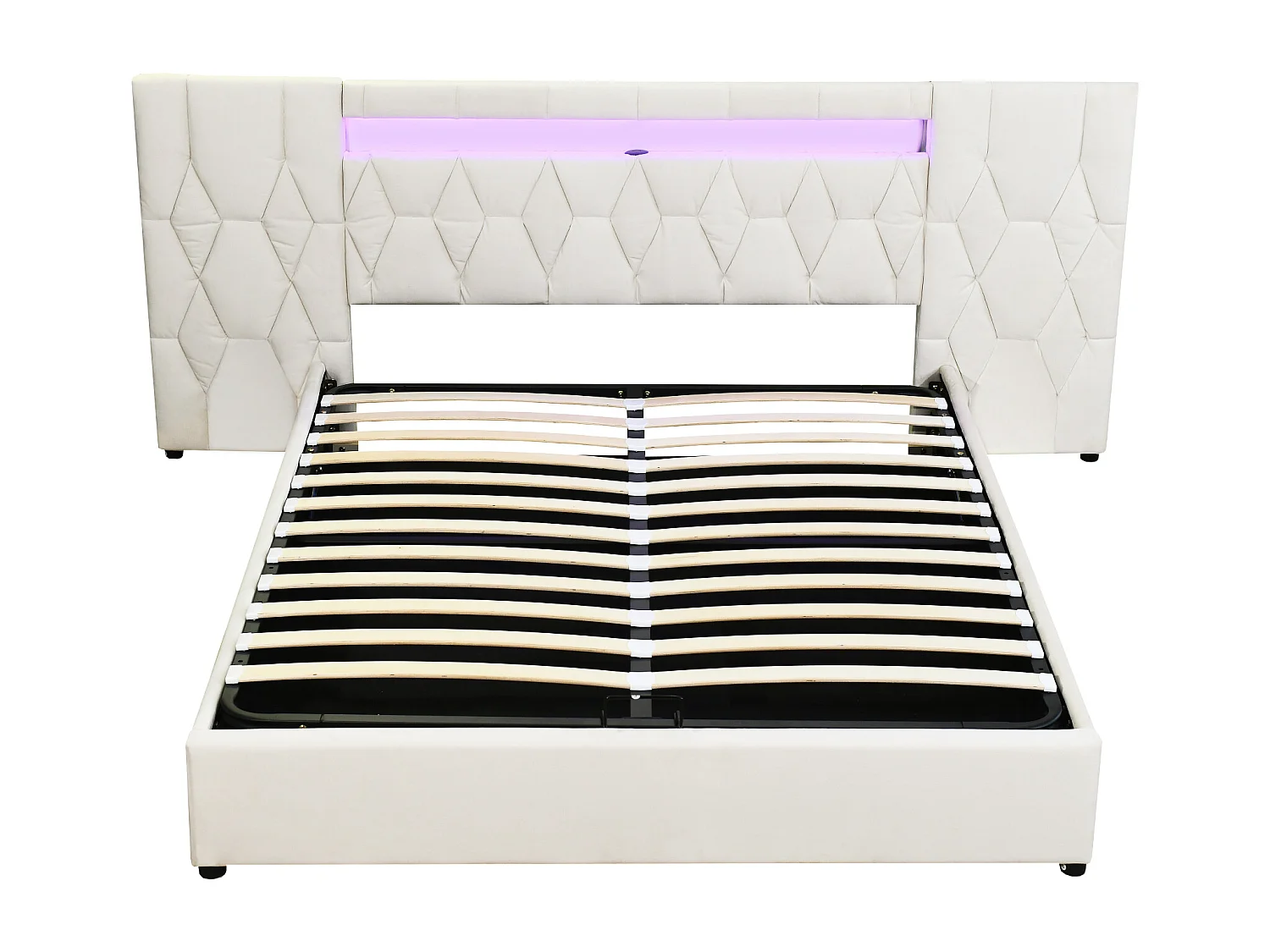 Lit coffre 180 x 200 cm avec grand tête de lit - rembourré en velours - LEDs et prise USB - Beige