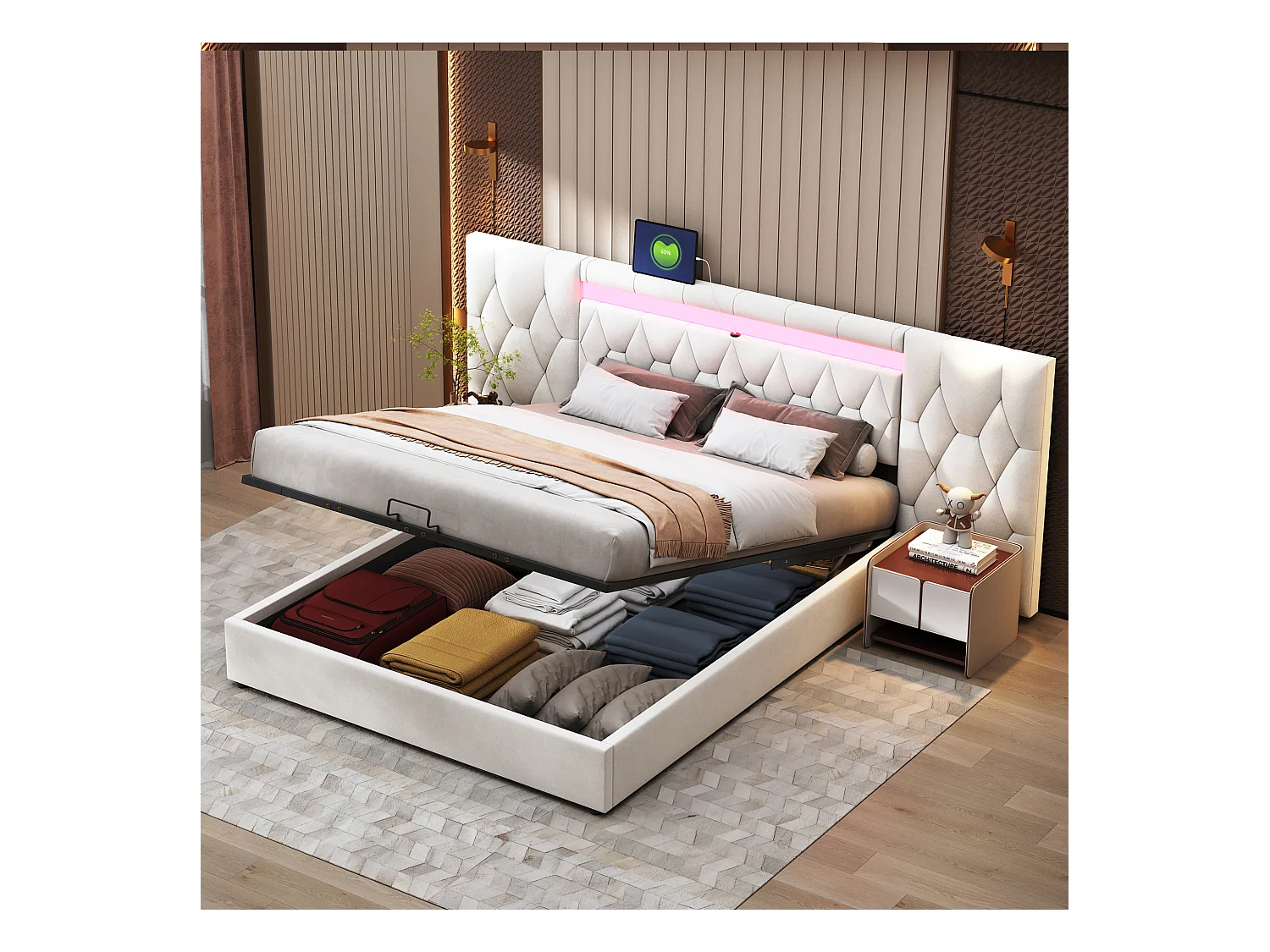 Opbergbed 180 x 200 cm met groot hoofdeinde - bekleed met fluweel - LED's en USB-aansluiting - Beige