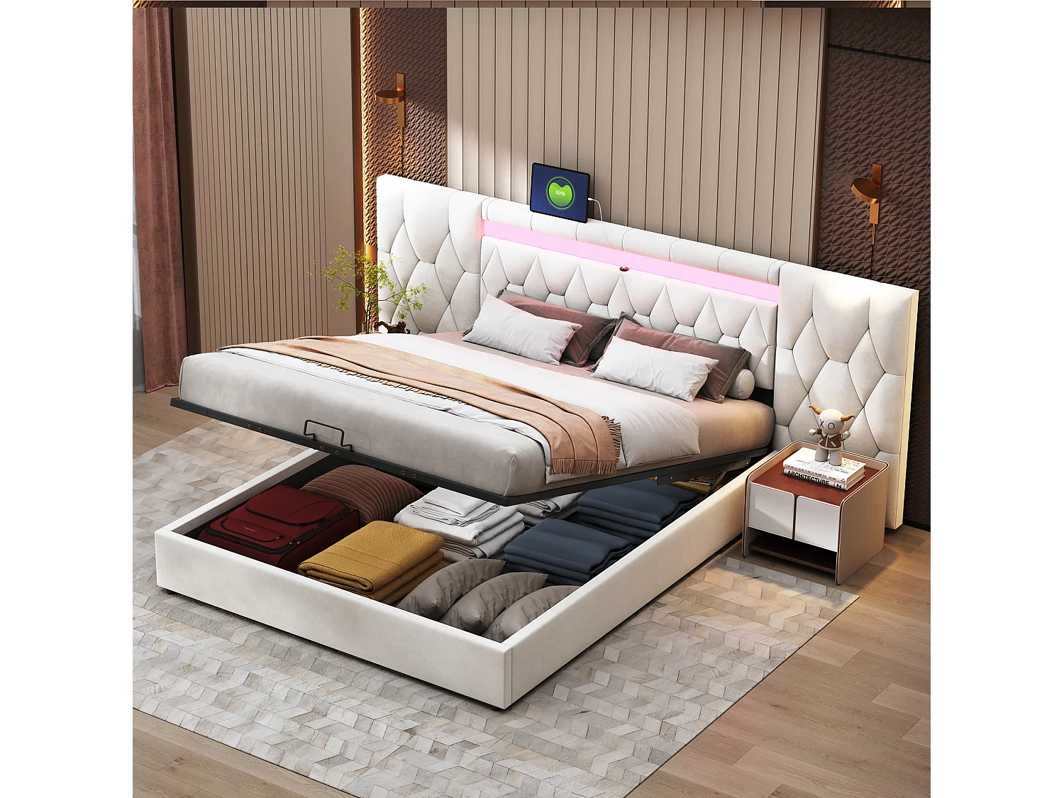 Lit coffre 180 x 200 cm avec grand tête de lit - rembourré en velours - LEDs et prise USB - Beige