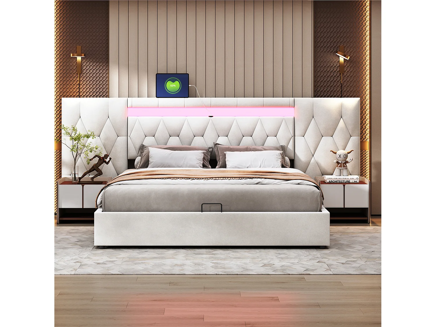 Lit coffre 180 x 200 cm avec grand tête de lit - rembourré en velours - LEDs et prise USB - Beige