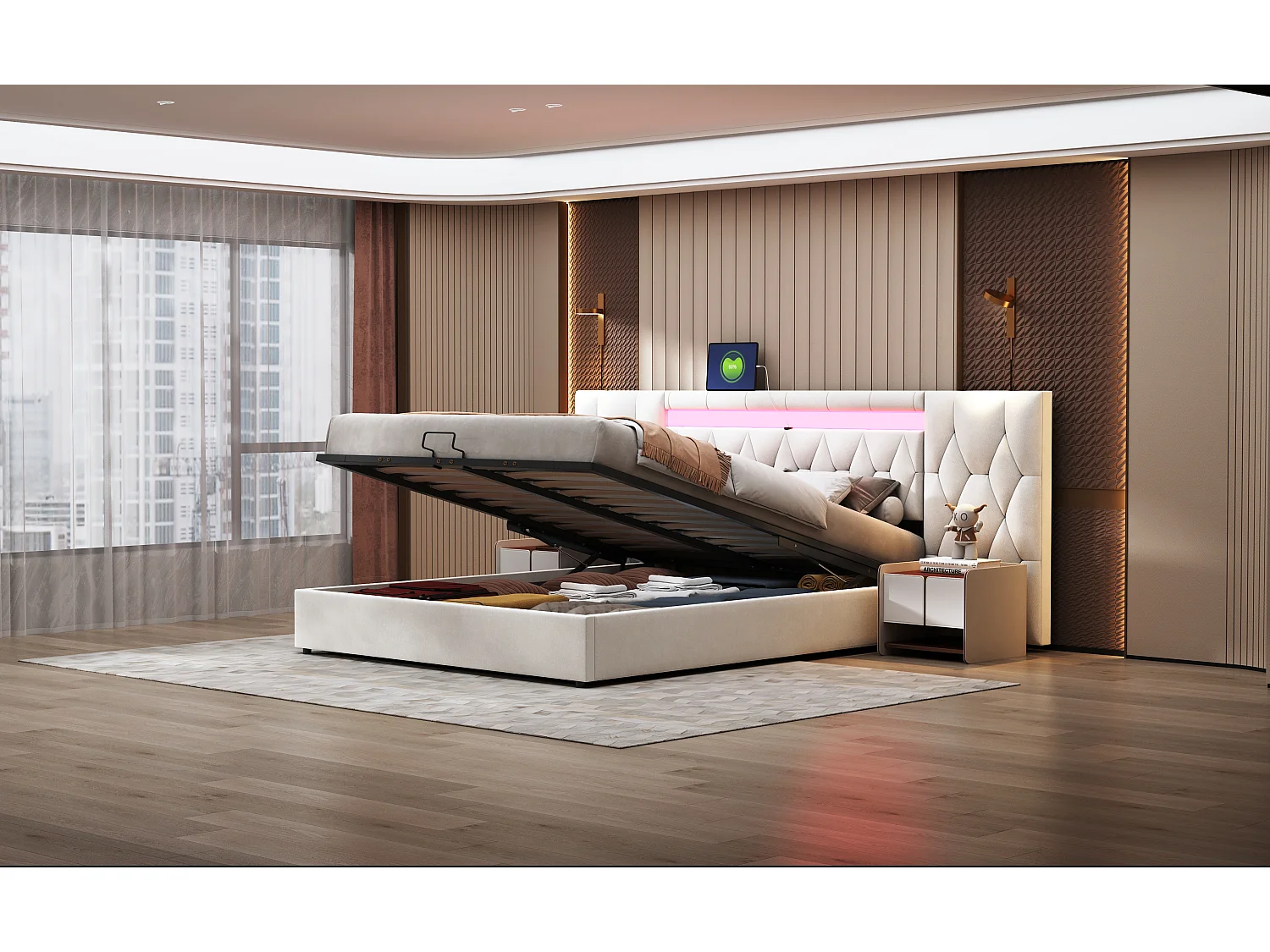 Lit coffre 180 x 200 cm avec grand tête de lit - rembourré en velours - LEDs et prise USB - Beige
