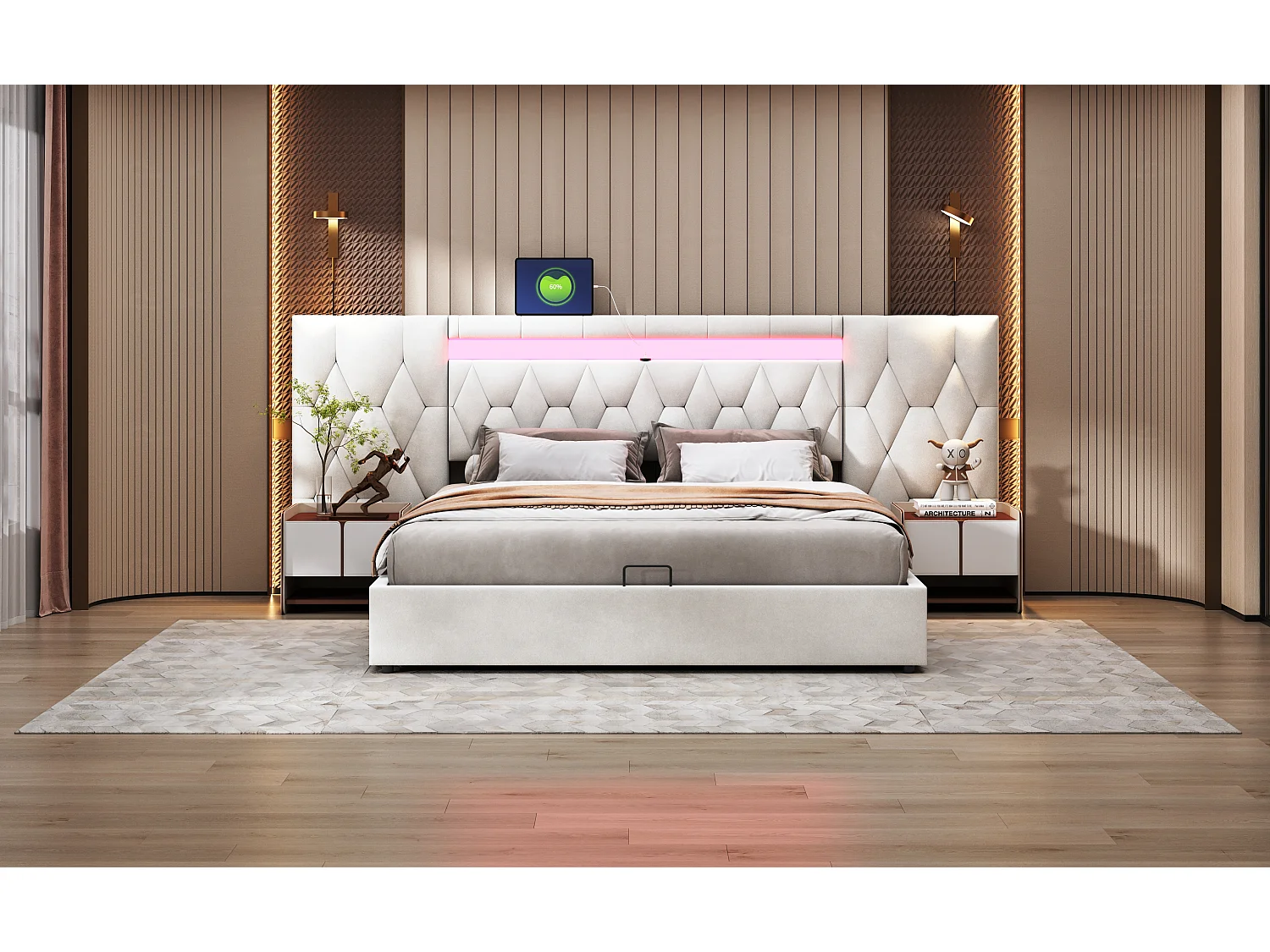 Lit coffre 180 x 200 cm avec grand tête de lit - rembourré en velours - LEDs et prise USB - Beige