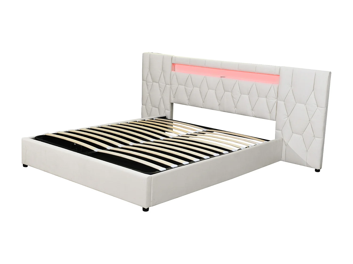 Lit coffre 180 x 200 cm avec grand tête de lit - rembourré en velours - LEDs et prise USB - Beige