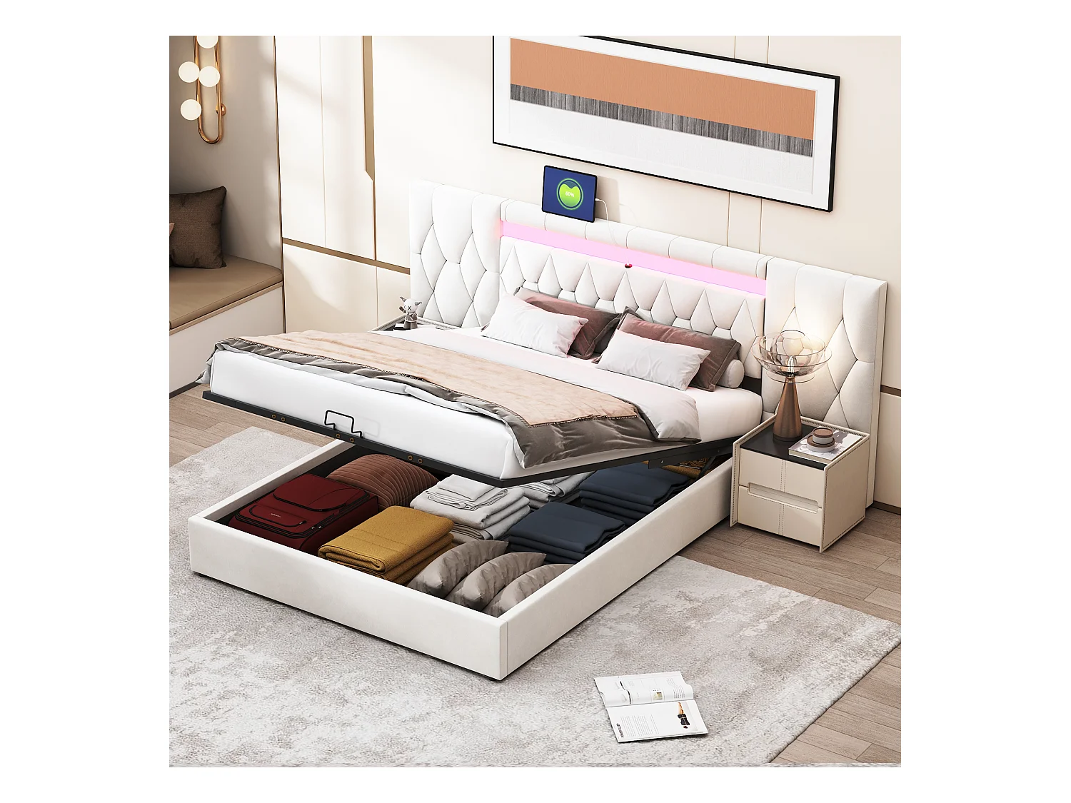 Bettkasten 160 x 200 cm mit großem Kopfteil – mit Samt gepolstert – LEDs und USB-Buchse – Beige
