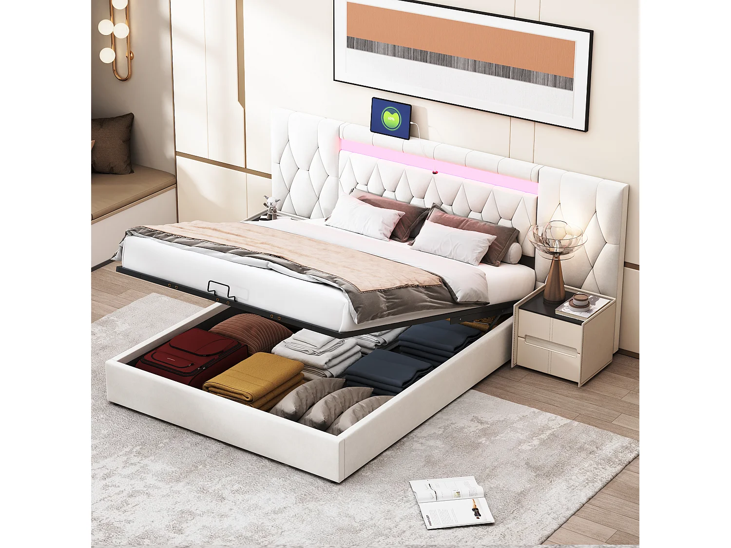 Lit coffre 160 x 200 cm avec grand tête de lit - rembourré en velours - LEDs et prise USB - Beige