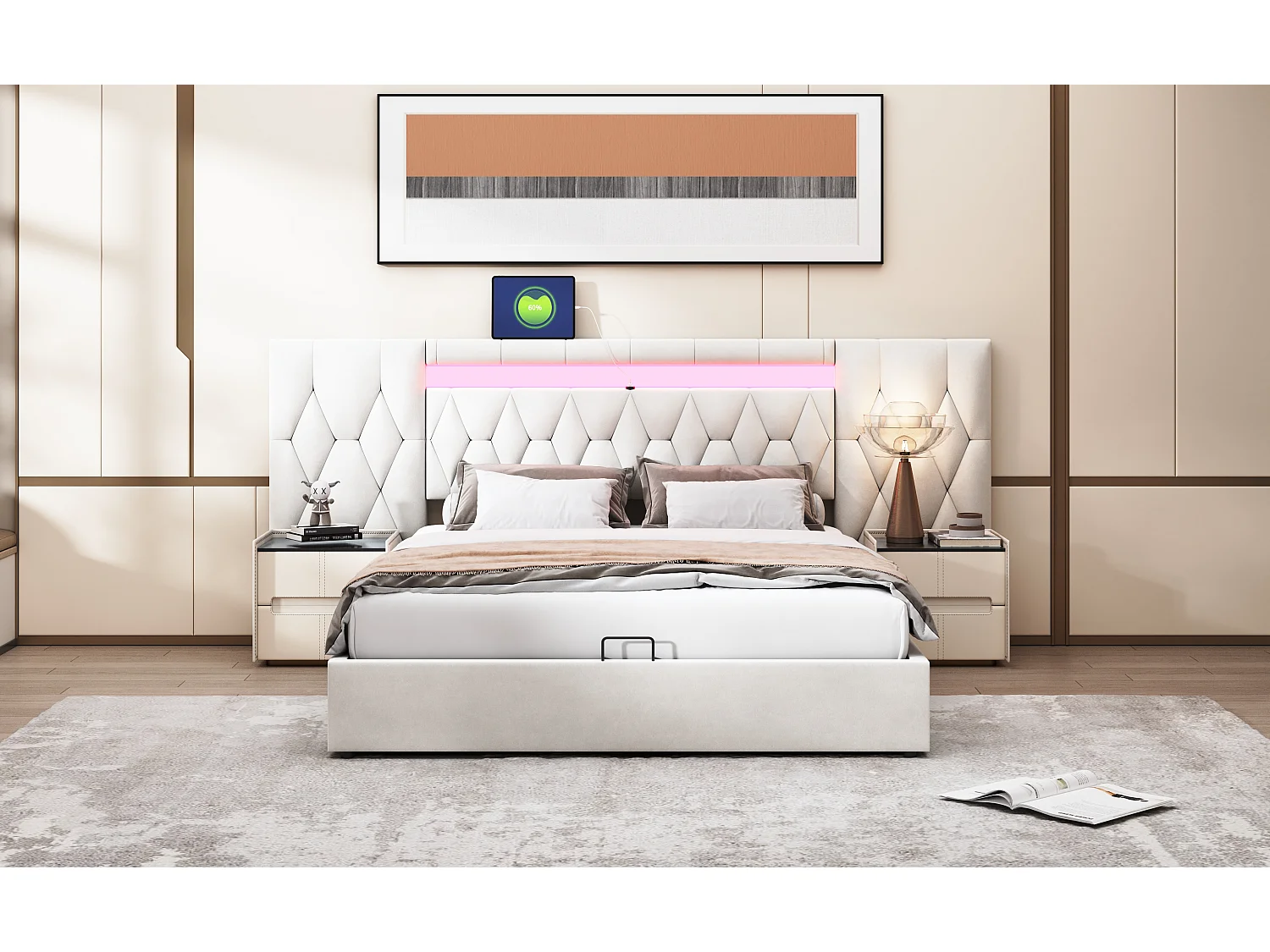 Lit coffre 160 x 200 cm avec grand tête de lit - rembourré en velours - LEDs et prise USB - Beige
