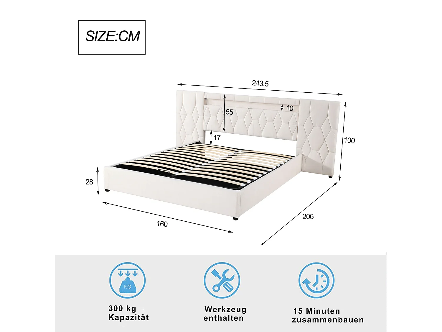 Lit coffre 160 x 200 cm avec grand tête de lit - rembourré en velours - LEDs et prise USB - Beige