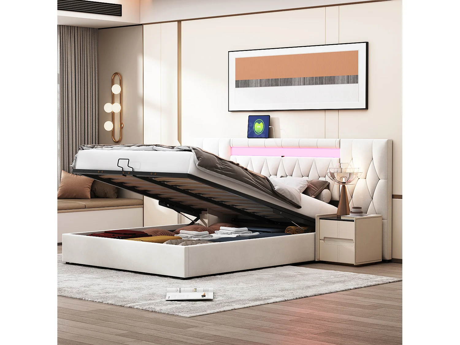 Lit coffre 160 x 200 cm avec grand tête de lit - rembourré en velours - LEDs et prise USB - Beige