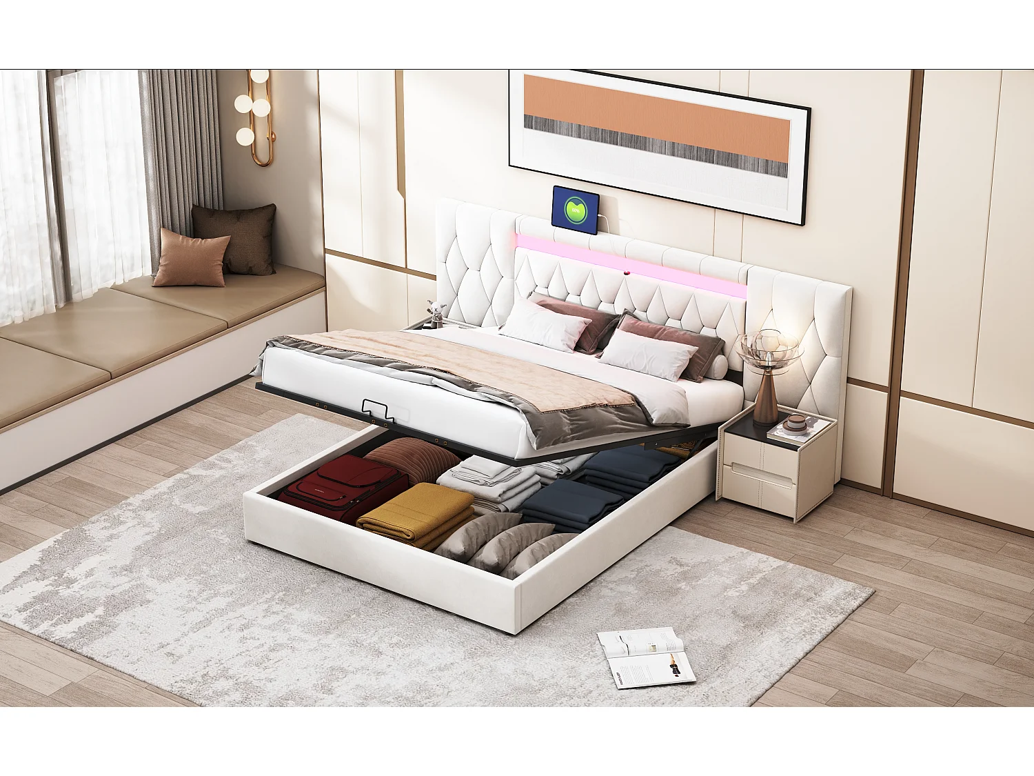 Lit coffre 160 x 200 cm avec grand tête de lit - rembourré en velours - LEDs et prise USB - Beige