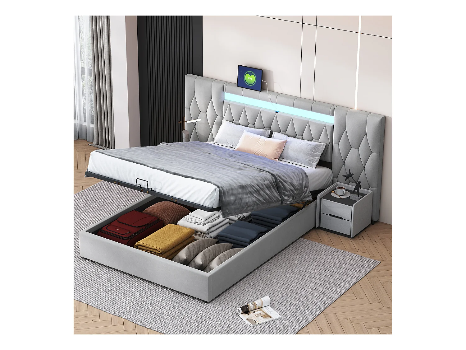 Lit coffre 140 x 200 cm avec grand tête de lit - Rembourré en velours - LEDs et prise USB - Gris