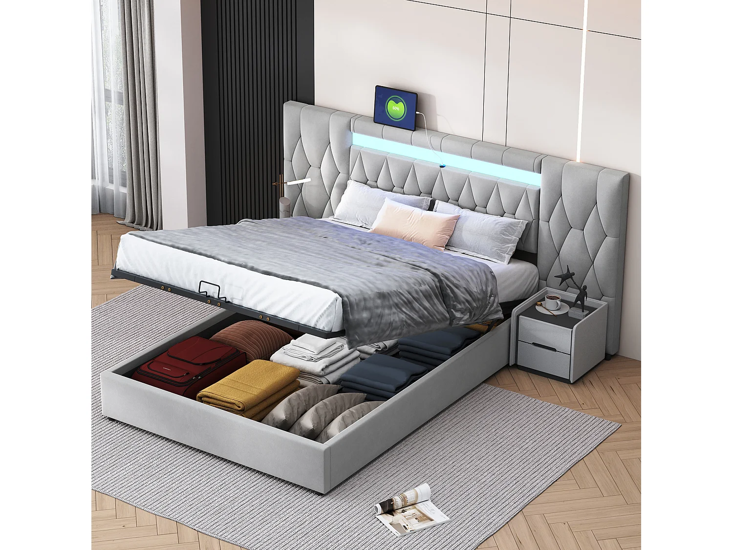 Lit coffre 140 x 200 cm avec grand tête de lit - Rembourré en velours - LEDs et prise USB - Gris