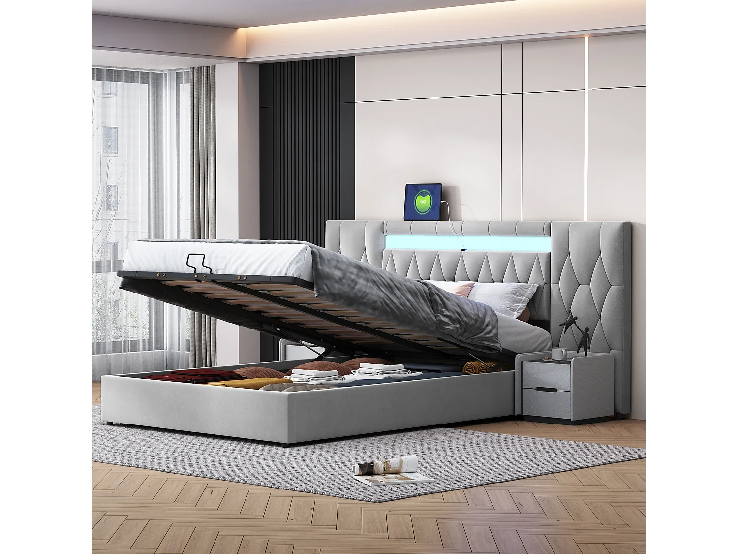 Lit coffre 140 x 200 cm avec grand tête de lit - Rembourré en velours - LEDs et prise USB - Gris