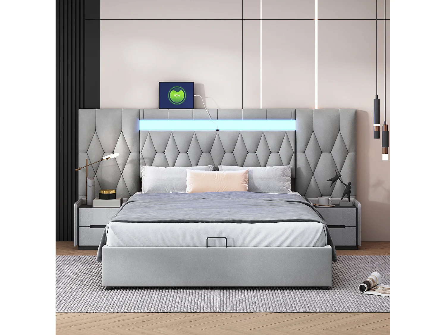 Lit coffre 140 x 200 cm avec grand tête de lit - Rembourré en velours - LEDs et prise USB - Gris