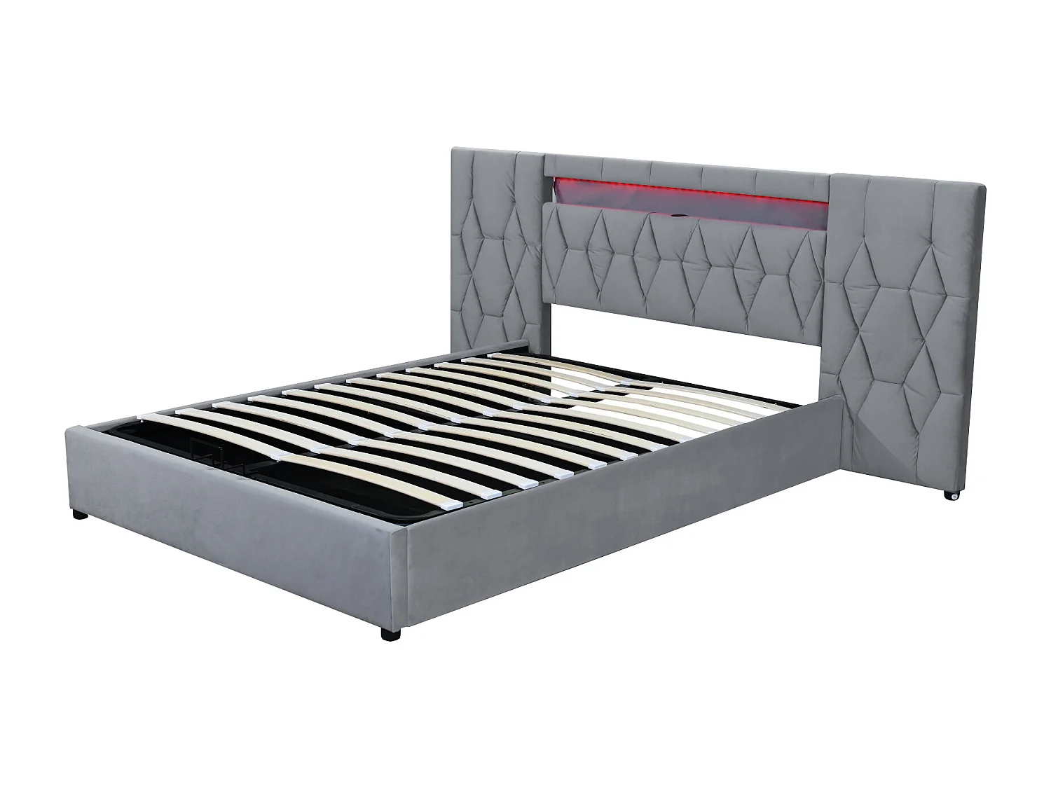 Lit coffre 140 x 200 cm avec grand tête de lit - Rembourré en velours - LEDs et prise USB - Gris