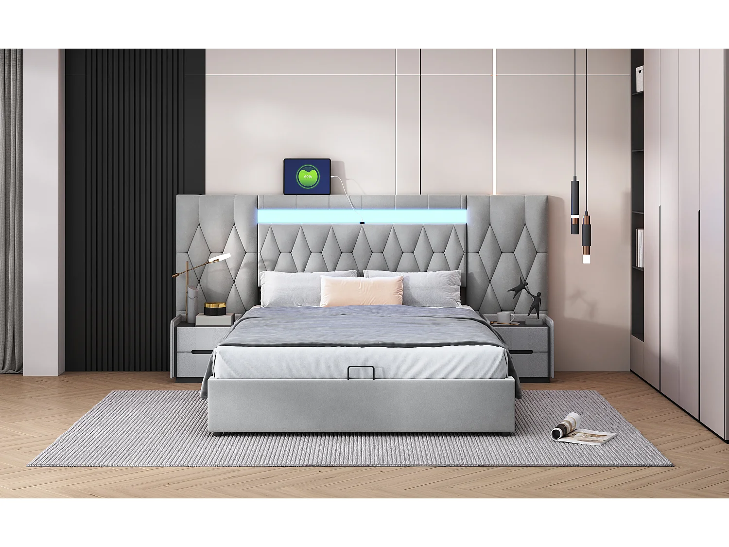 Lit coffre 140 x 200 cm avec grand tête de lit - Rembourré en velours - LEDs et prise USB - Gris
