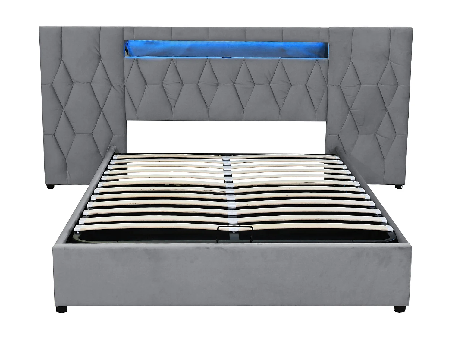 Lit coffre 140 x 200 cm avec grand tête de lit - Rembourré en velours - LEDs et prise USB - Gris