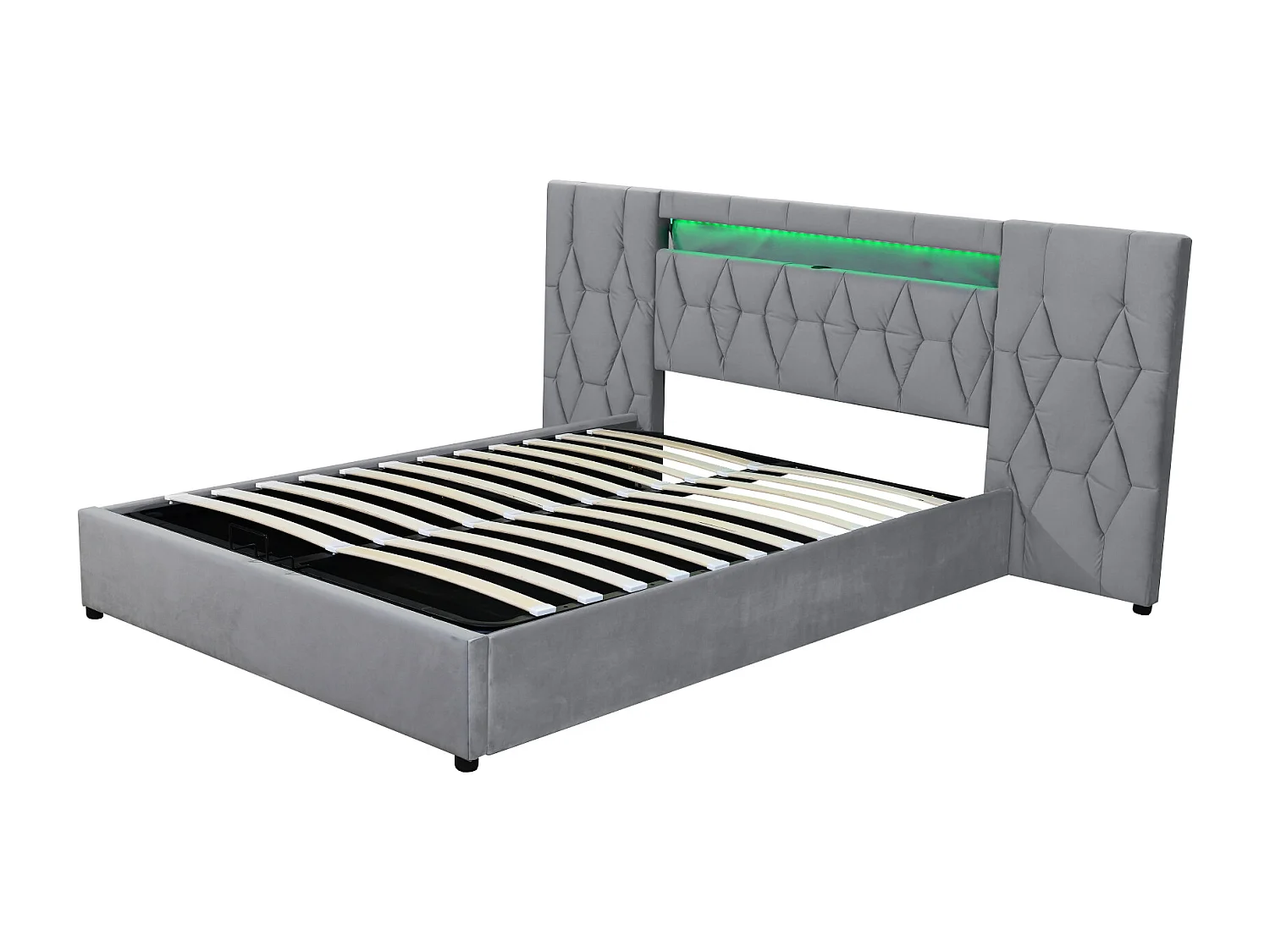 Lit coffre 140 x 200 cm avec grand tête de lit - Rembourré en velours - LEDs et prise USB - Gris