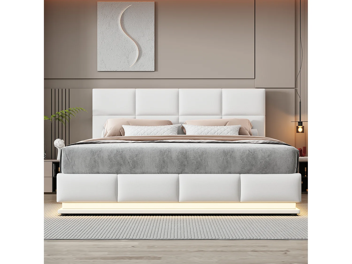 Lit coffre 180 x 200 cm avec éclairage LED - Cuir PU - Sommier à lattes - Blanc