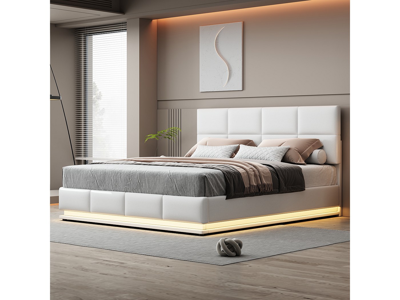 ZYLOYAL10 Letto imbottito con illuminazione L-EE-D e spazio idraulico sollevabile, cassetta del letto e rete a doghe, rivestimento in ecopelle, letto matrimoniale per adulti (bianco, 140 x 200 cm